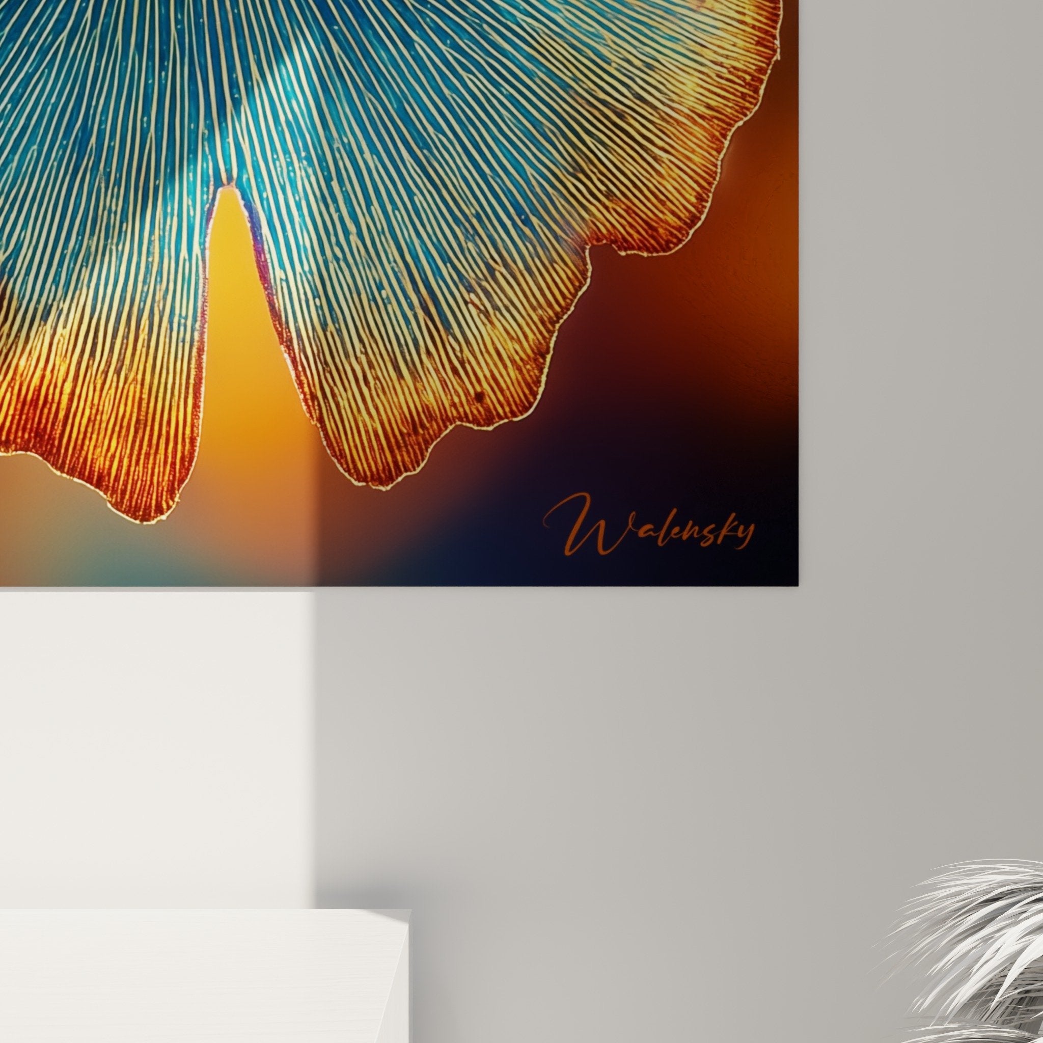 Vue ensemble tableau ginkgo palette chromatique doree bleue integration decoration interieure moderne naturelle