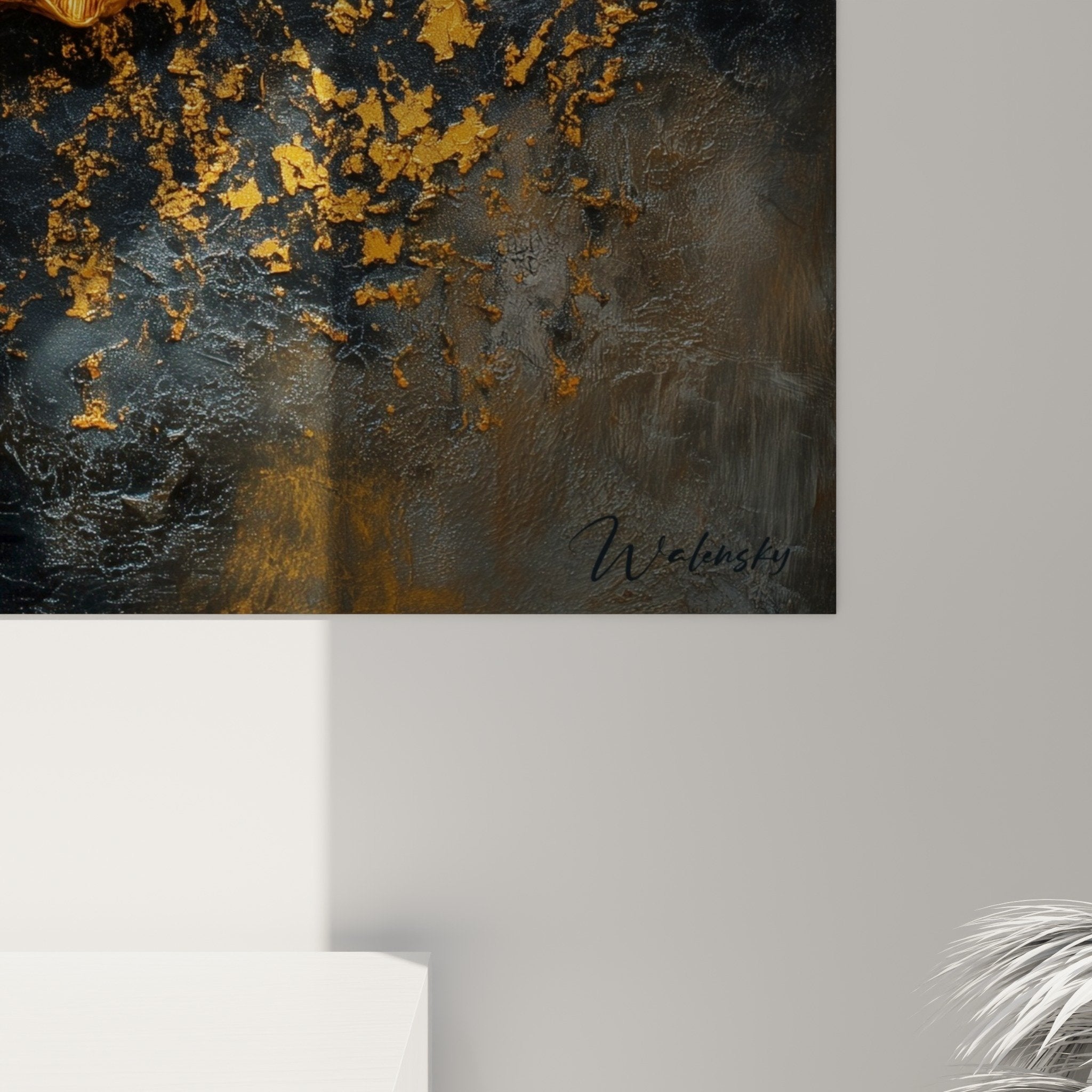 Vue ensemble tableau mural ginkgo dore bleu mineral decoration interieure feng shui centre terre