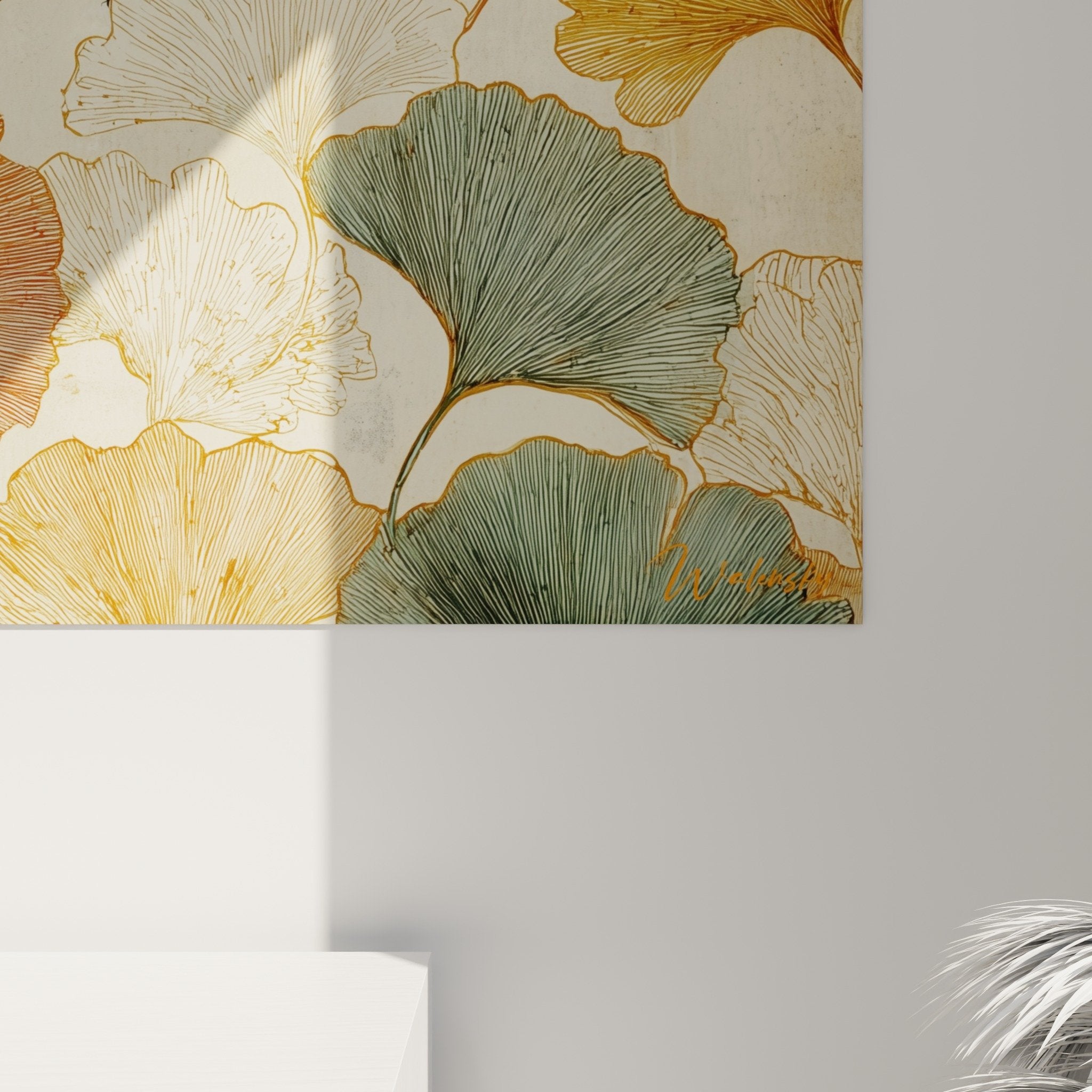 Vue ensemble tableau ginkgo feuillages automne palette couleurs chaudes decoration murale elegante naturelle