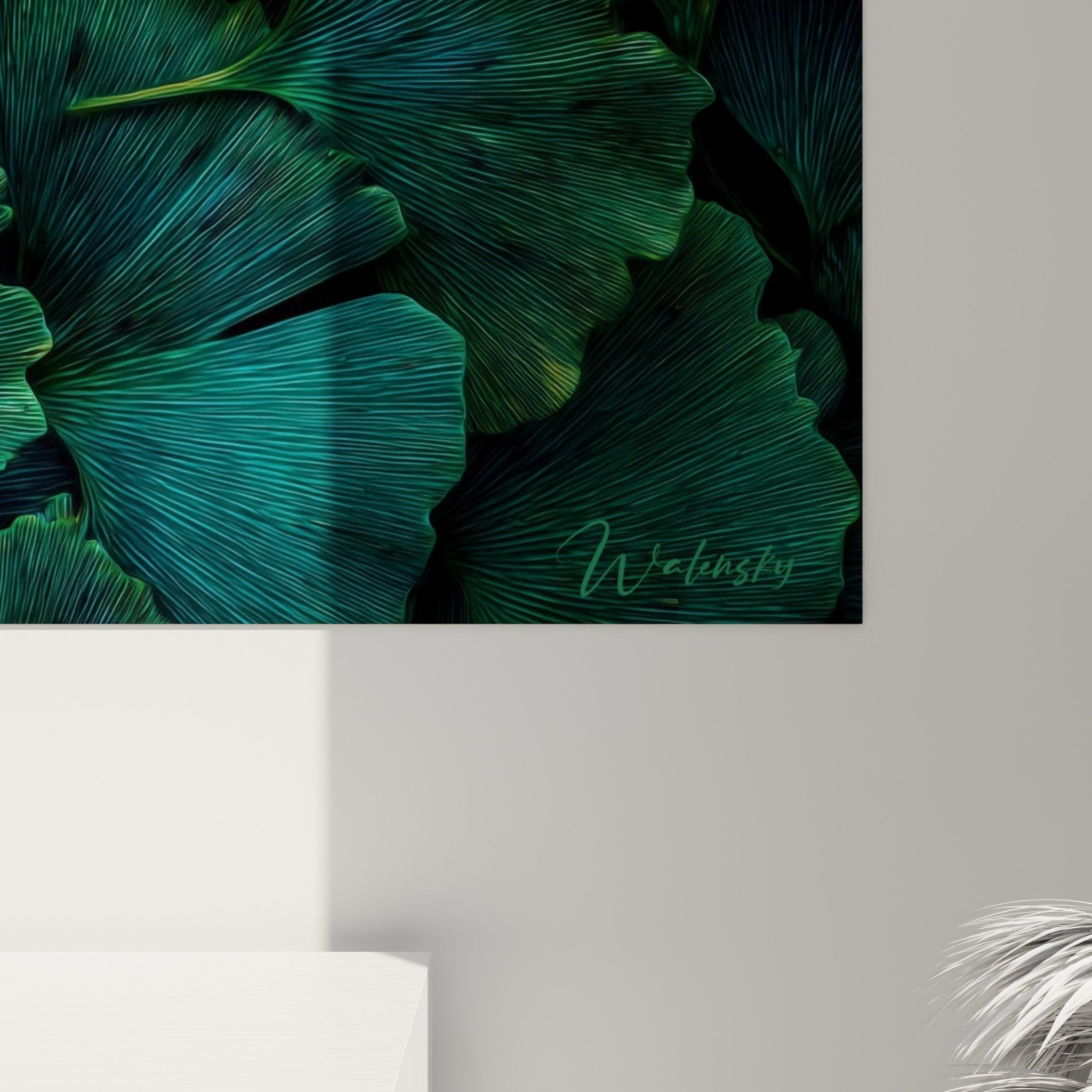 Vue ensemble tableau ginkgo palette or vert emeraude decoration murale nature luxueuse