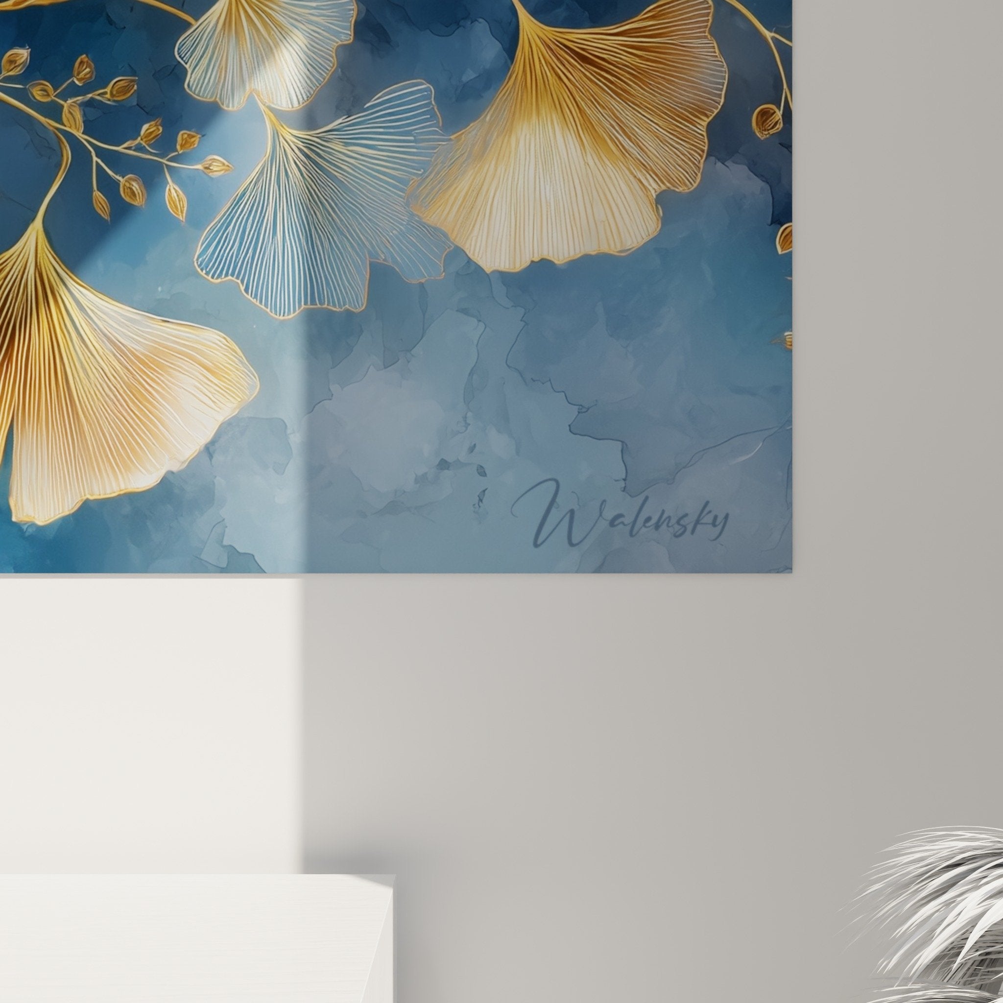 Vue ensemble tableau ginkgo palette bleu doré décoration intérieur moderne style végétal élégant