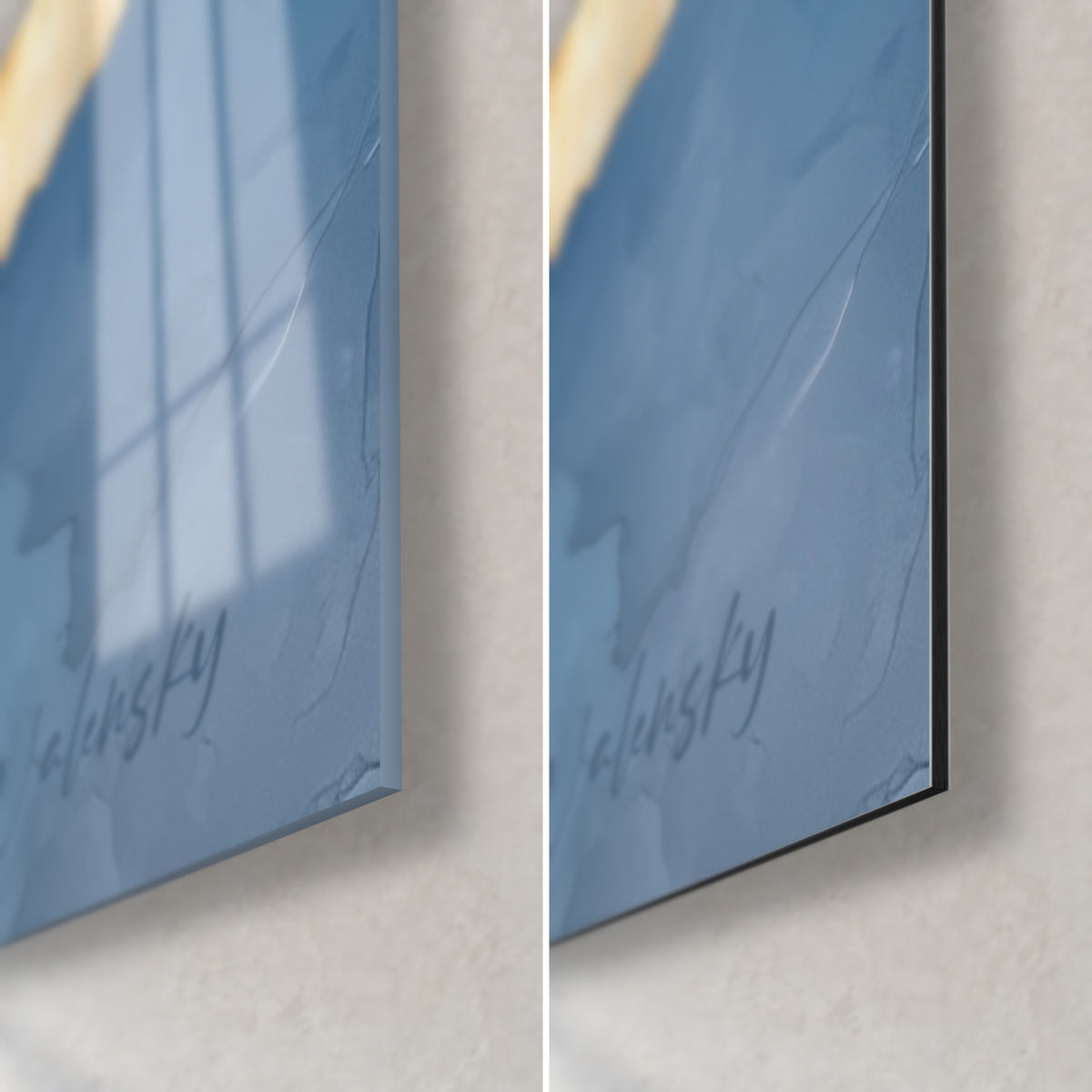 Quadro di ginkgo azzurro cielo e oro, angolo in basso a destra: vetro acrilico lucido a sinistra, alluminio Dibond opaco a destra, bordo da 3 mm