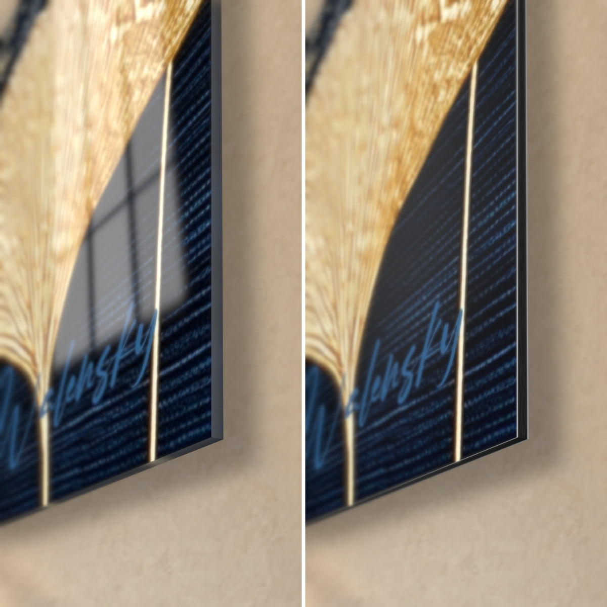 Quadro ginkgo oro, angolo in basso a destra: vetro acrilico lucido a sinistra, alluminio Dibond opaco a destra, bordo sottile di 3 mm
