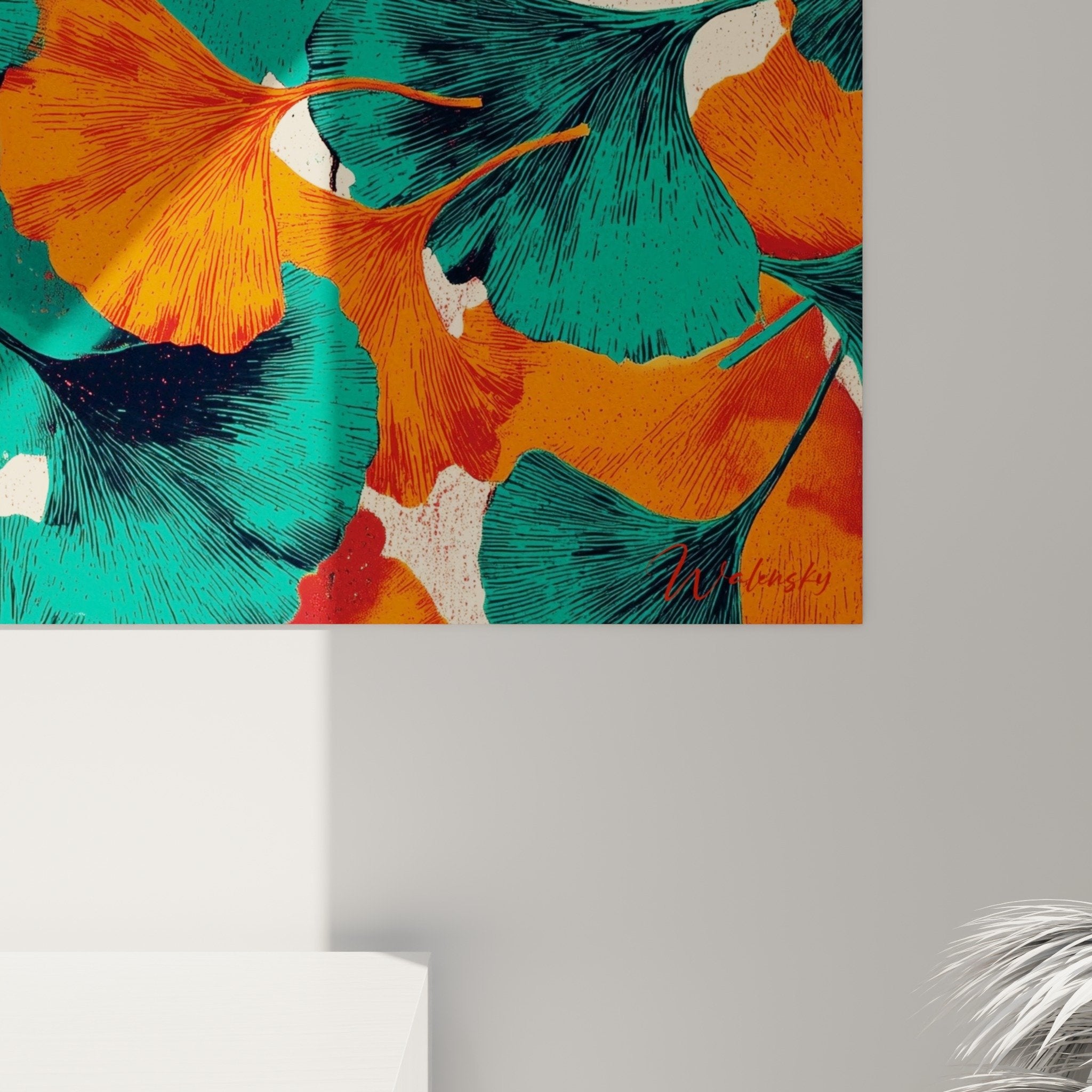Vue ensemble tableau panoramique ginkgo turquoise orange decoration murale salon moderne