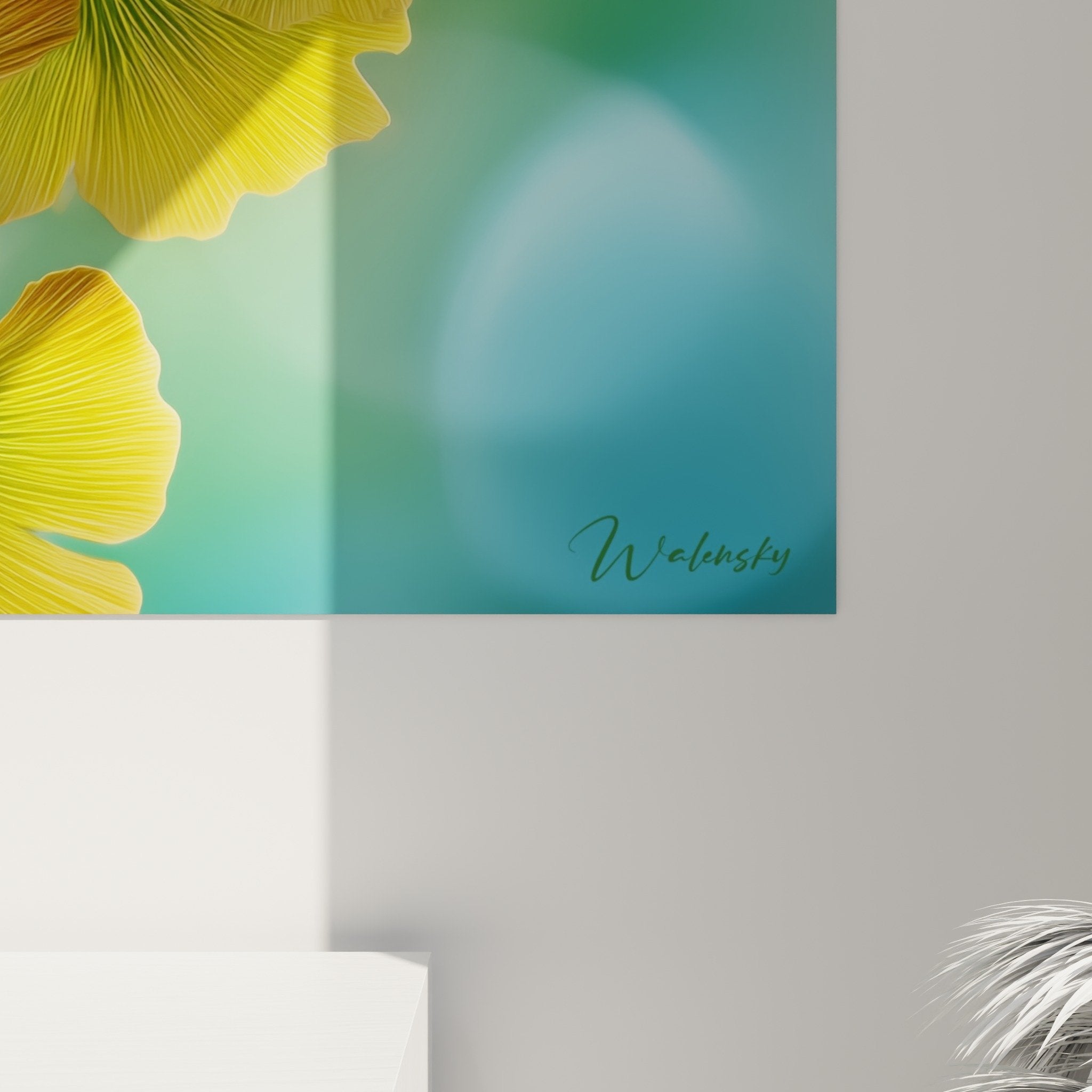 Vue ensemble tableau ginkgo tons dores bleus decoration murale art contemporain