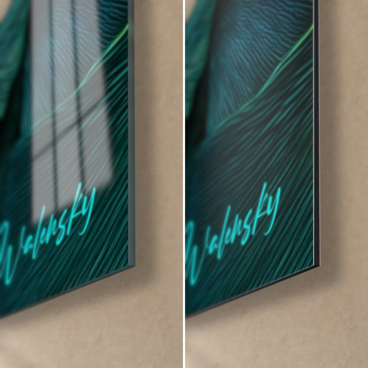 Wall art of ginkgo leaves, bottom right corner: glossy acrylic glass with reflections, matte Dibond aluminium, 3 mm edge, turquoise signature