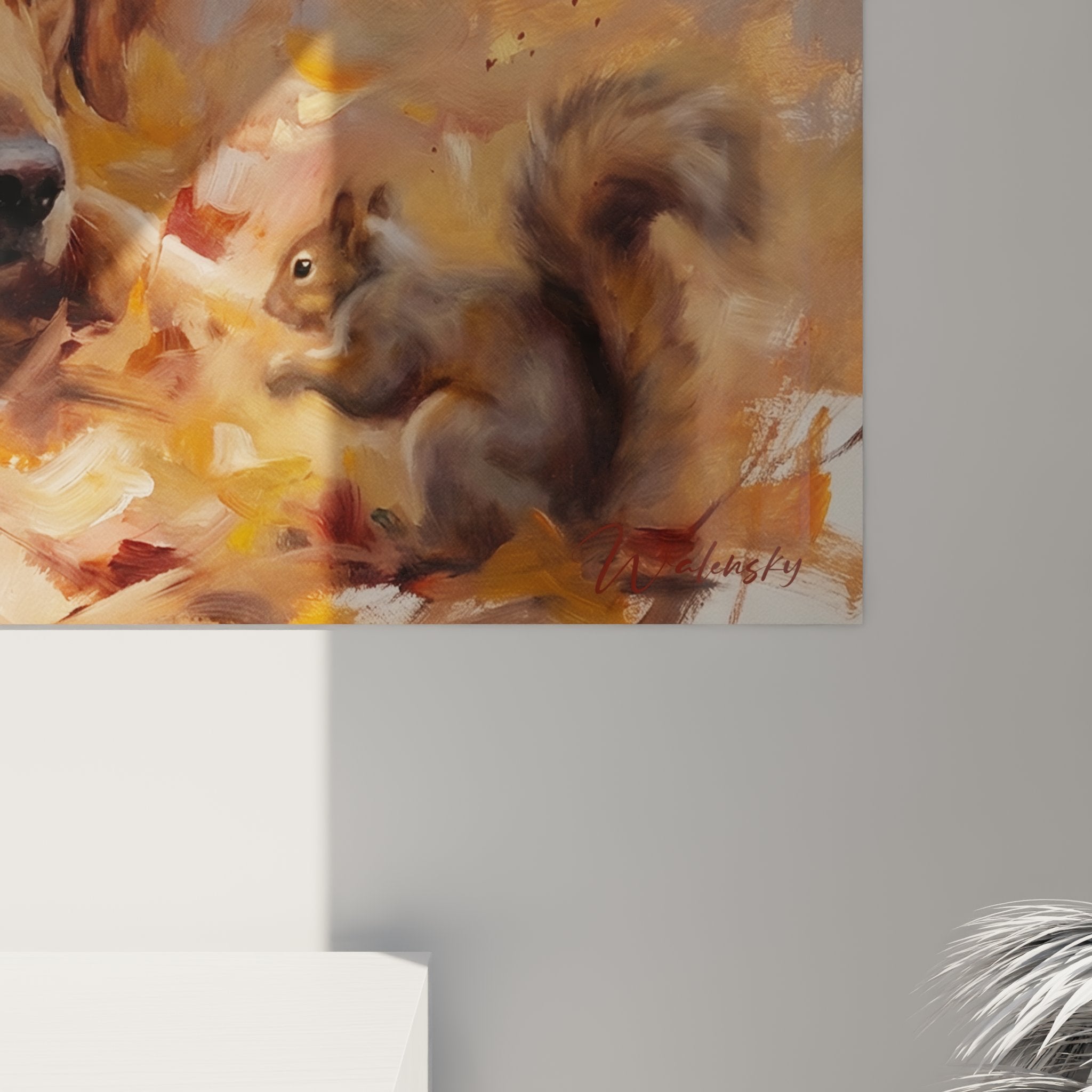 Golden retriever painting with autumn leaves wall art interior decoration animal painting ochre tones