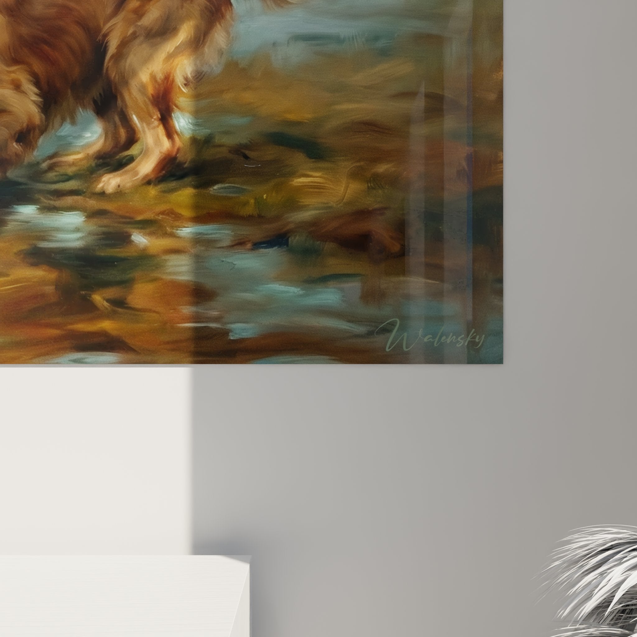 Vue ensemble tableau golden retriever scene chasse aquatique decoration interieur moderne