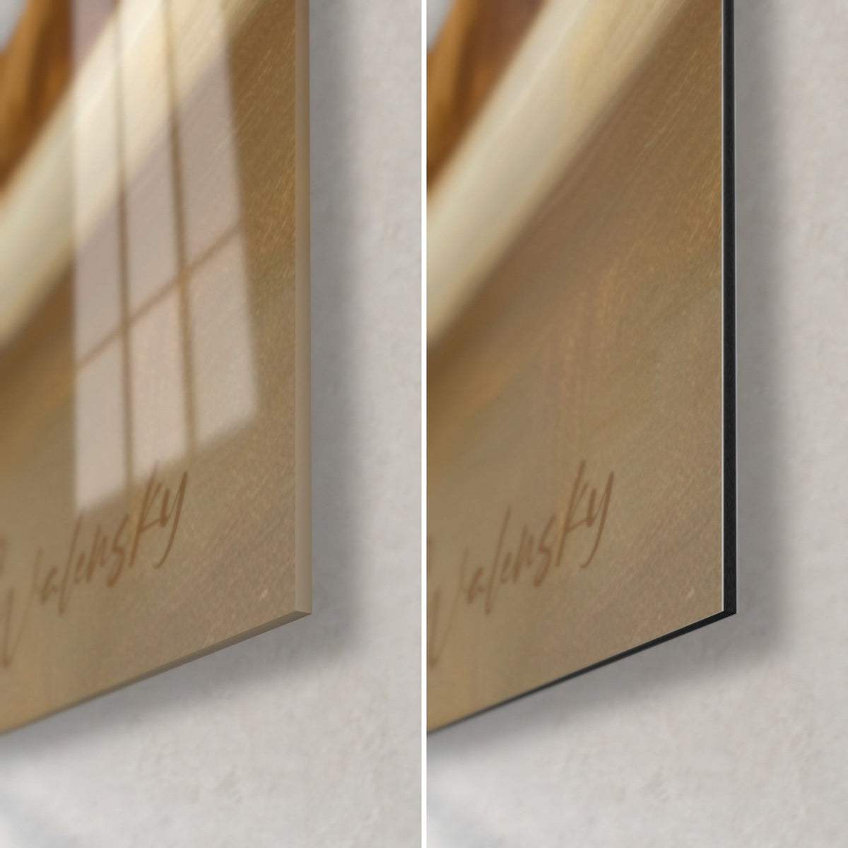 Gemälde cremefarbener Welpe und goldene Hündin, untere rechte Ecke: glänzendes Acrylglas mit Reflexen und mattes Dibond-Aluminium, 3 mm Stärke