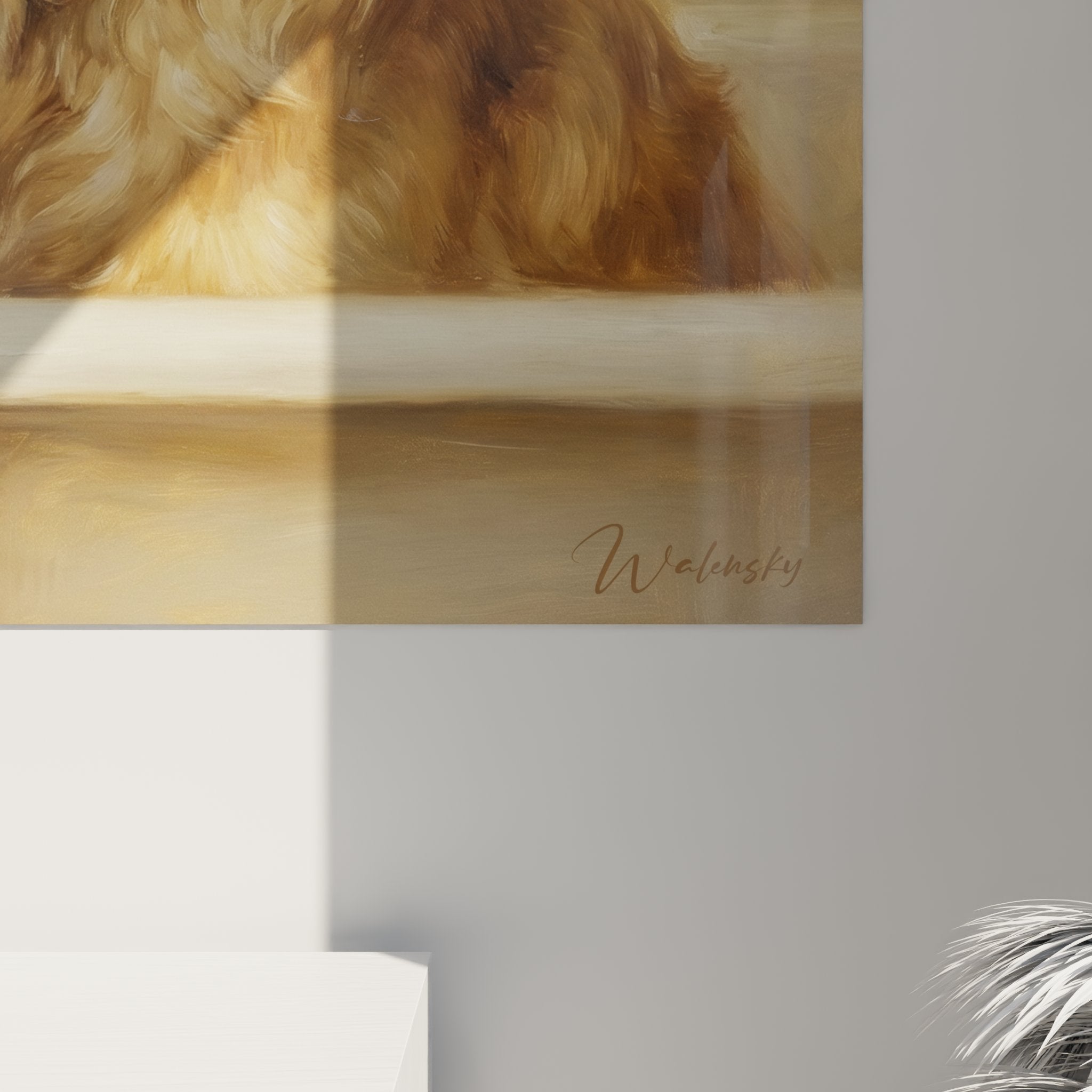 Vista d'insieme quadro golden retriever scena familiare decorazione interiore toni neutri