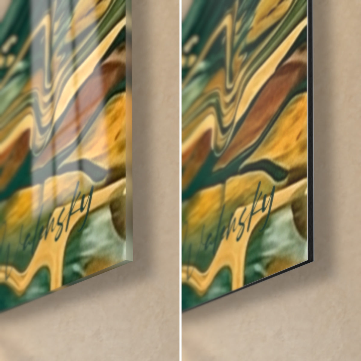 Schilderij golden retriever, rechtsonder: glanzend glas met reflecties links, mat Dibond-aluminium rechts, rand van 3 mm