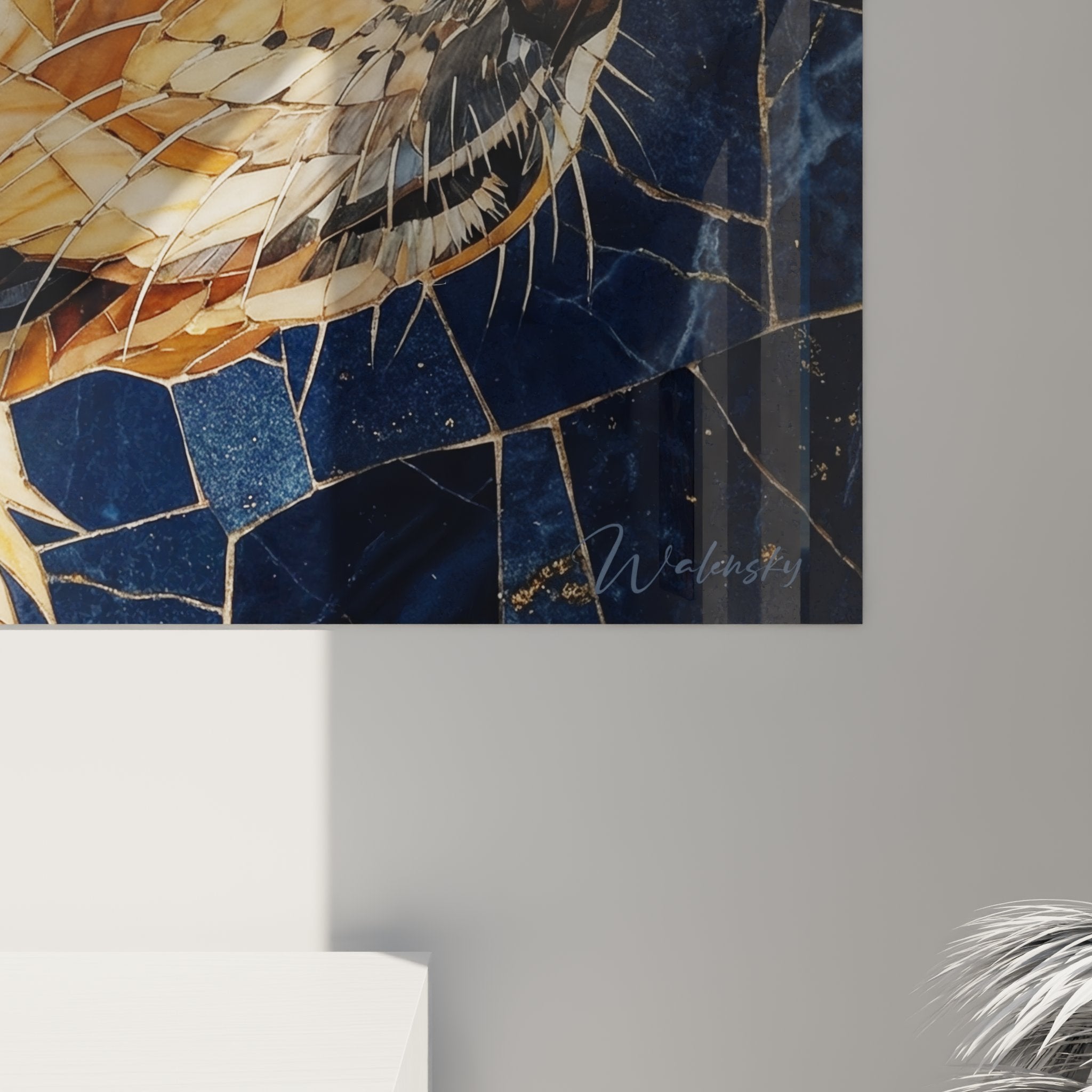 Vista d'insieme quadro Golden Retriever mosaico tonalità calde decorazione interni