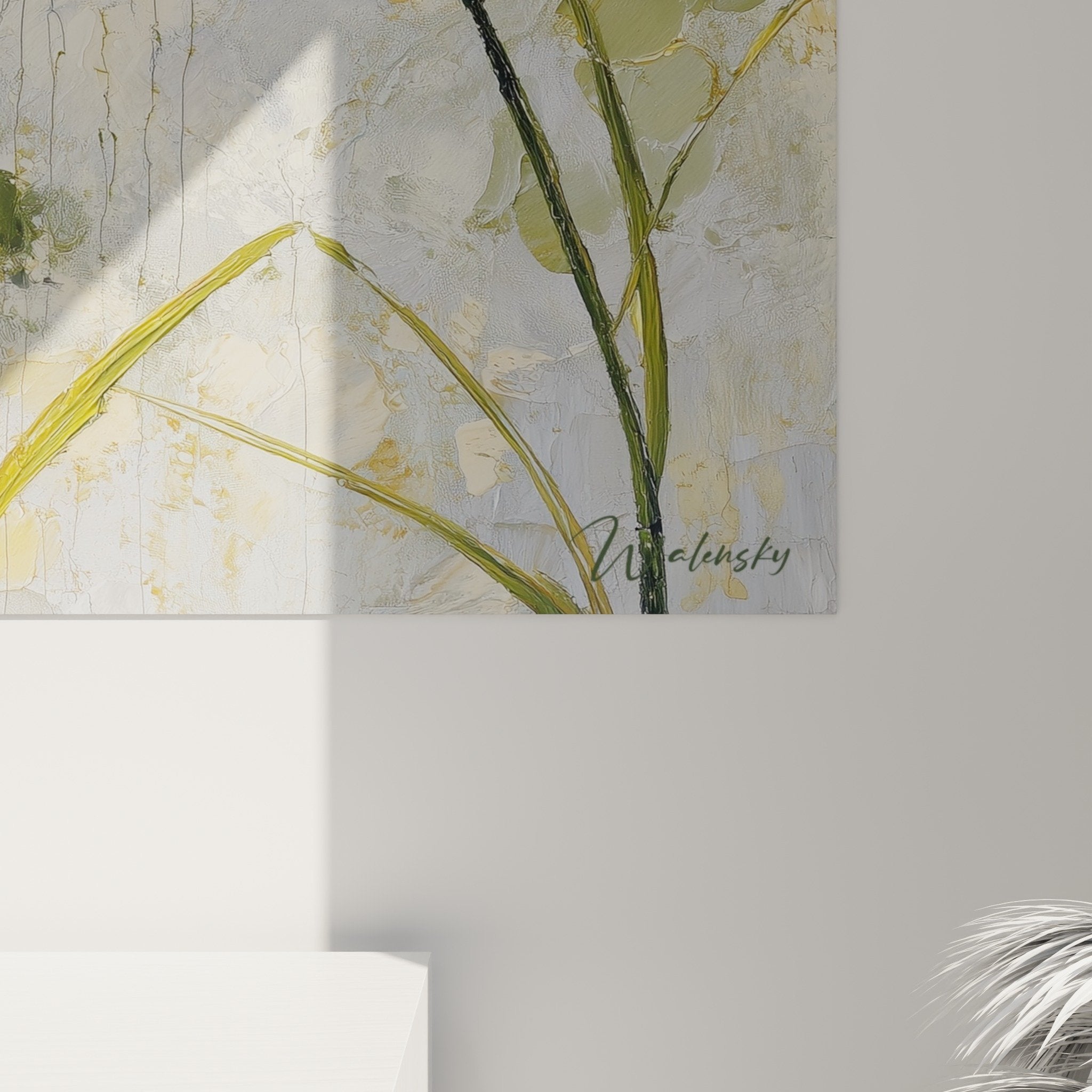 Vue perspective tableau graminée composition végétale abstraite décoration murale élégante