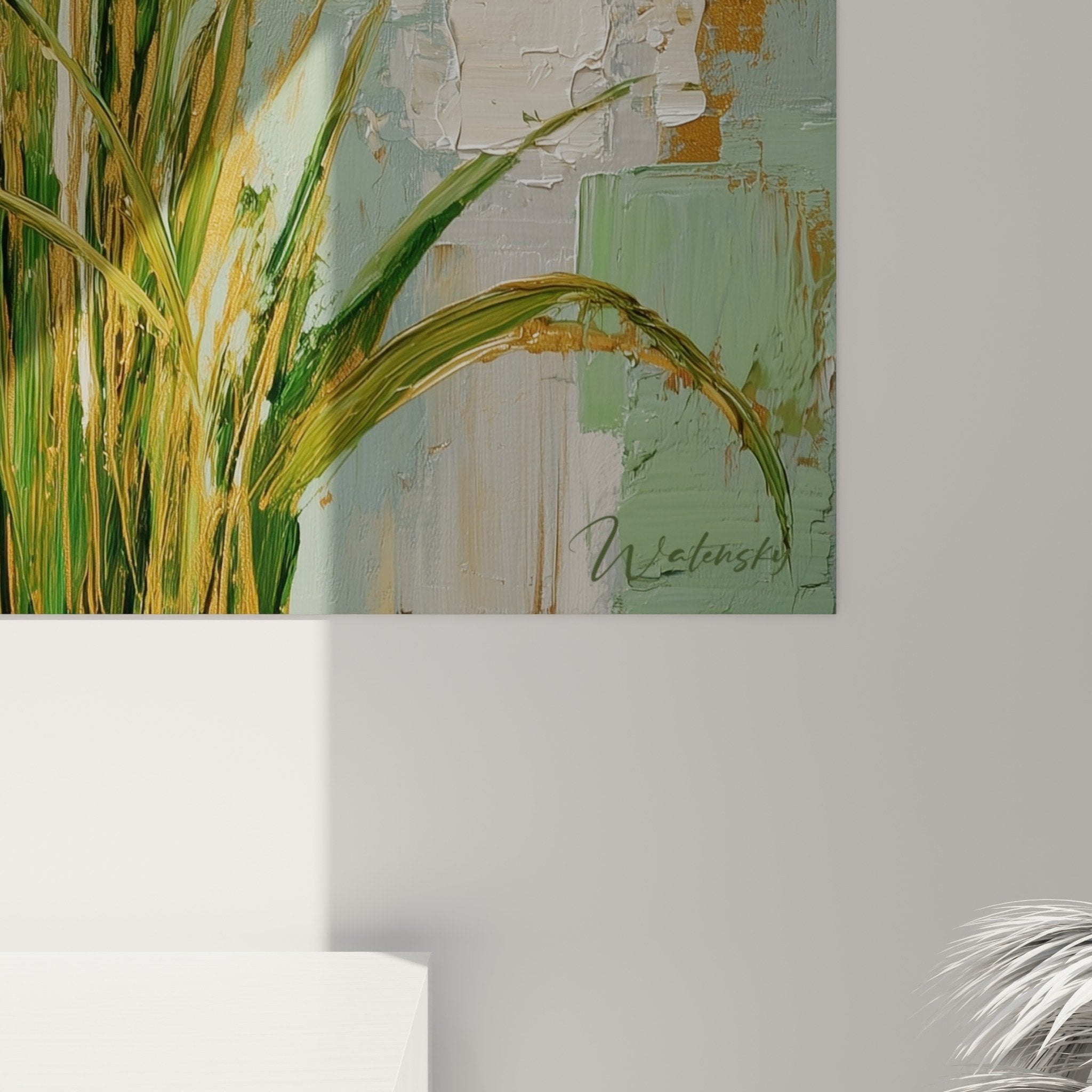 Vue ensemble tableau graminées composition verticale épis dorés vert menthe palette pastel déco naturelle