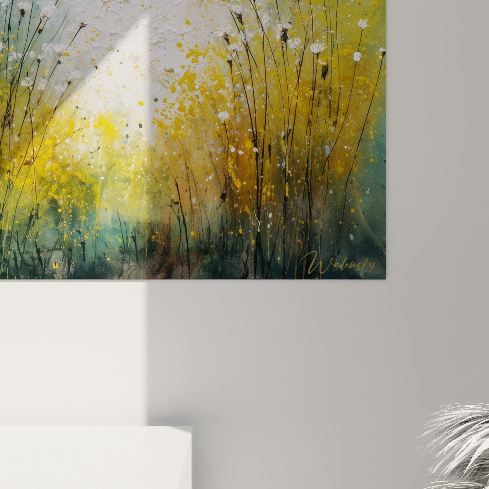 Vue ensemble tableau graminées décoration intérieur moderne couleurs naturelles ambiance sereine