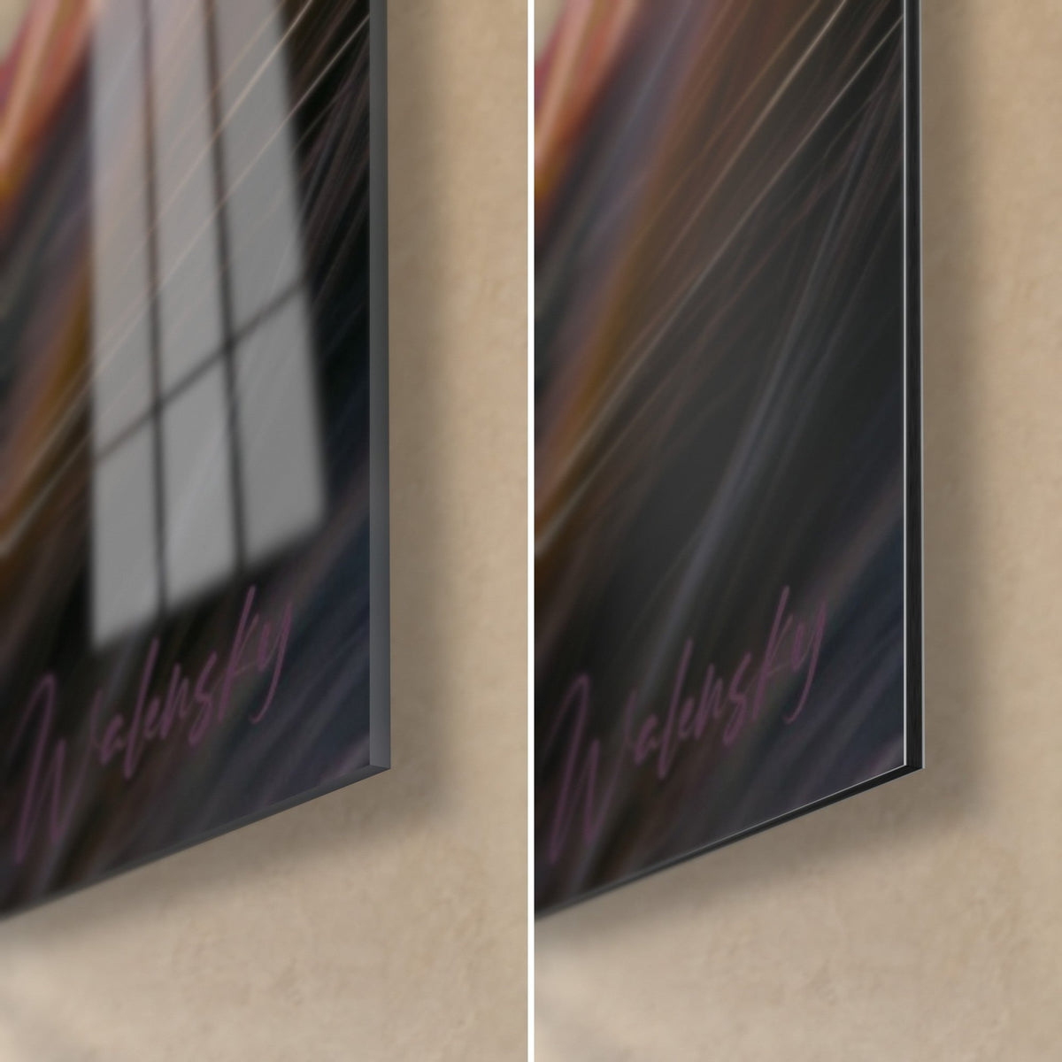 Wall art soft-focus golden and pink wheat stalks, bottom right corner: glossy acrylic glass on the left, matte Dibond aluminium on the right