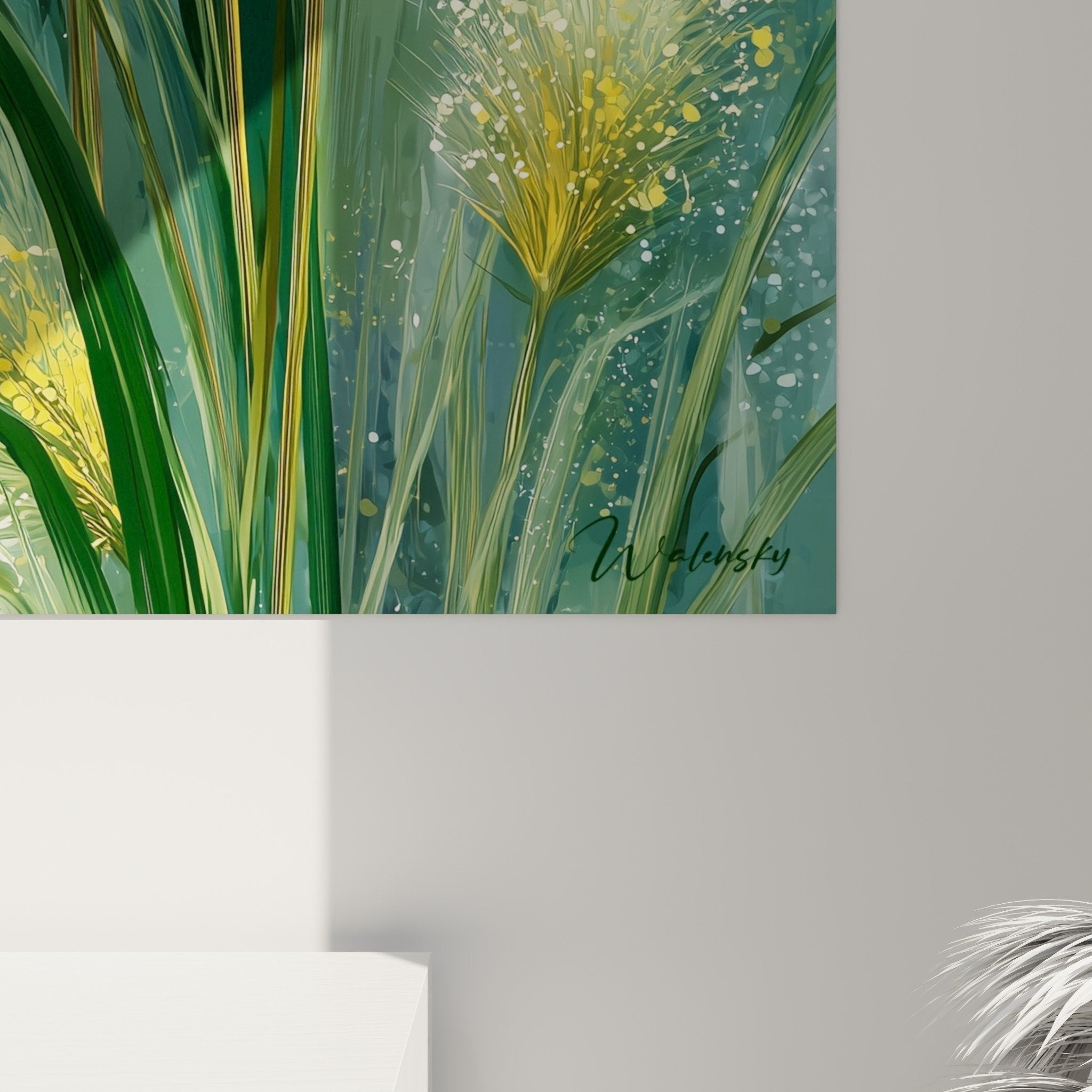 vue ensemble tableau graminées lumineuses dans intérieur moderne aux tons naturels