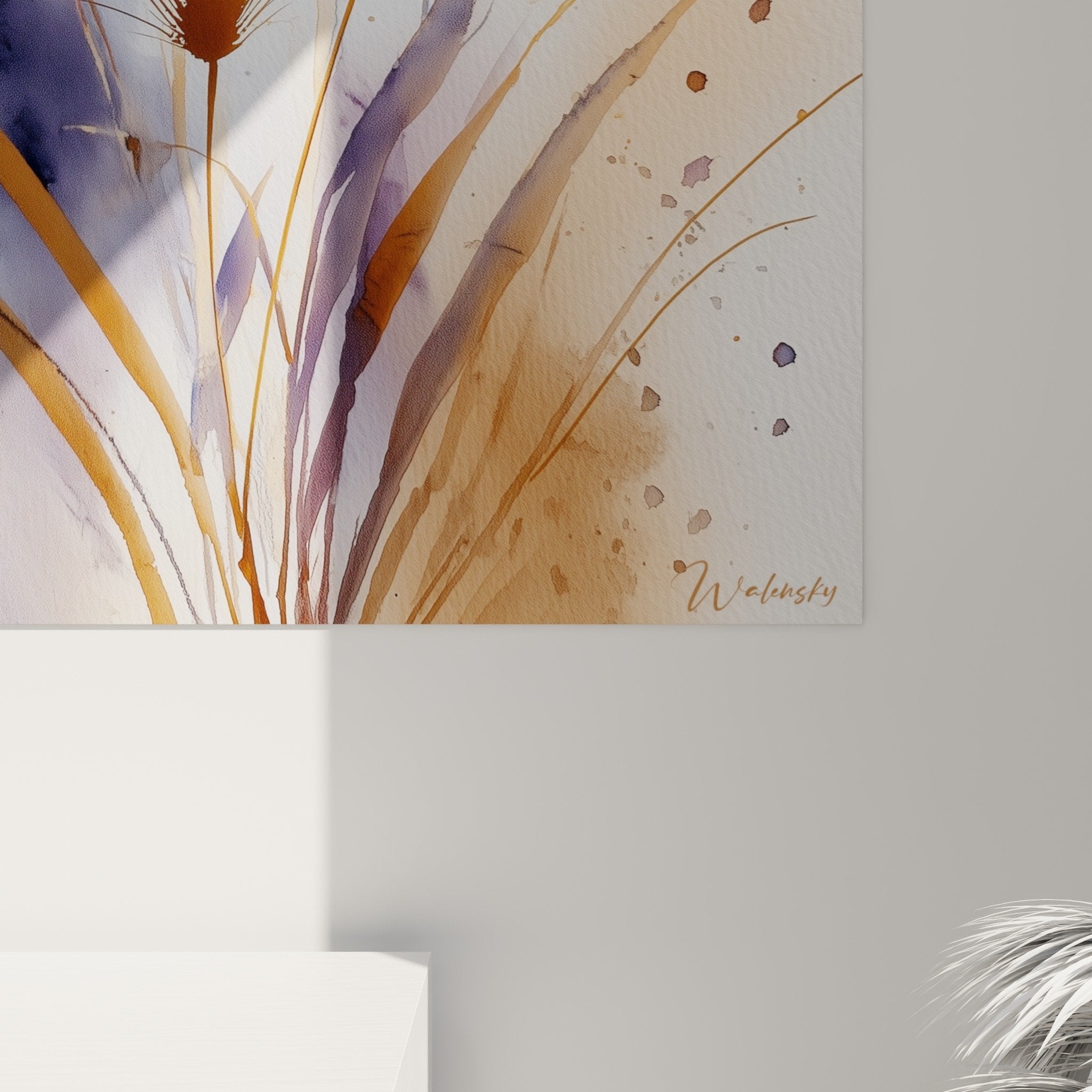 Vue ensemble tableau épis graminées aquarelle style moderne décoration murale tons naturels