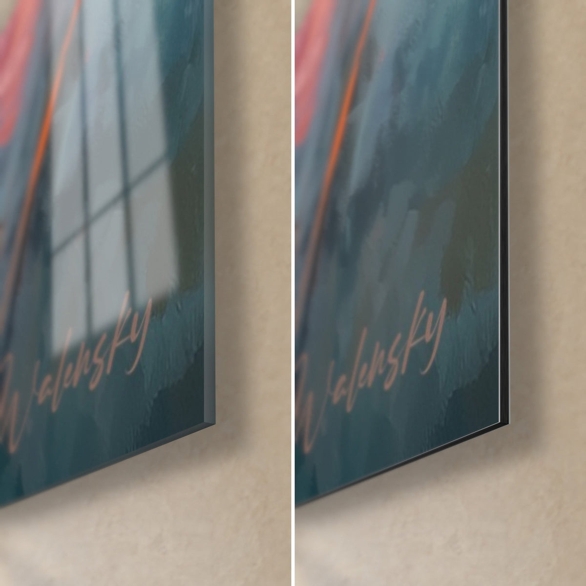 Wall art with orange and pink grasses, bottom right corner: glossy acrylic glass reflecting the window, matte Dibond, 3 mm edge