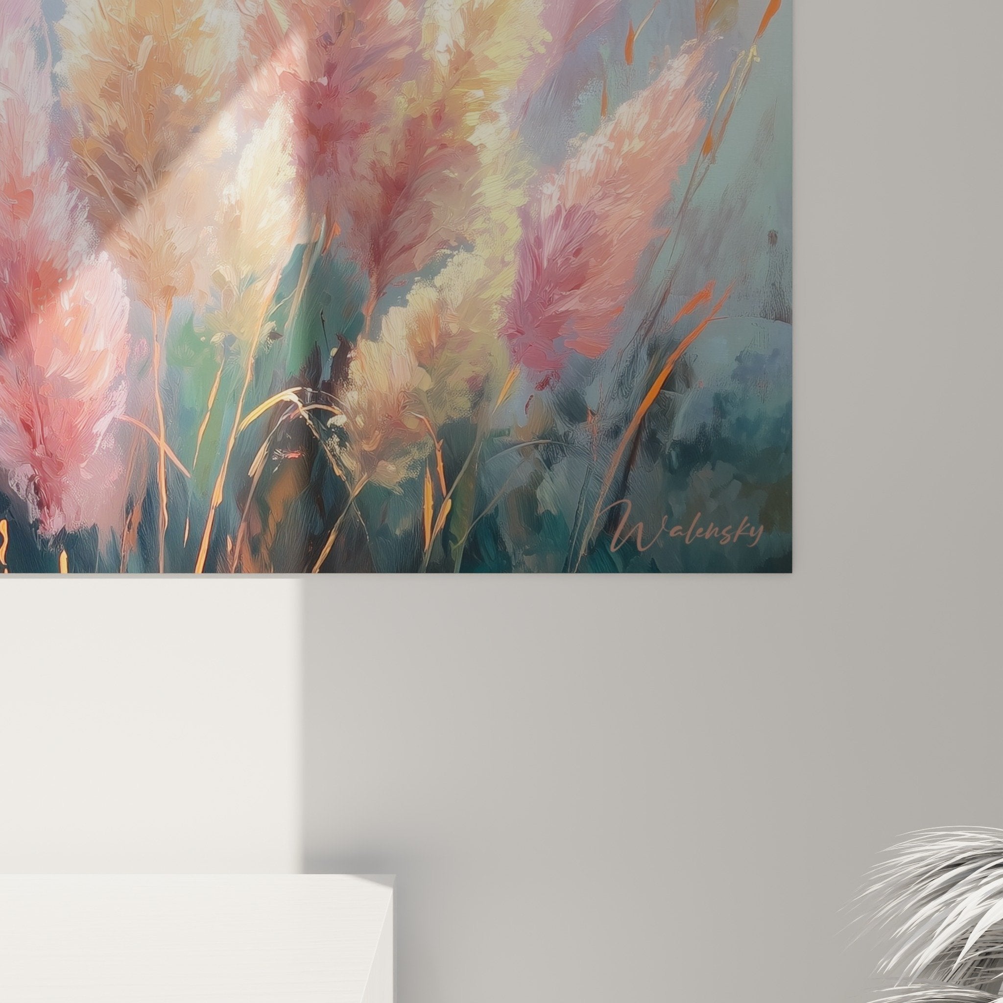 Panoramic pampas grass wall art print with warm autumn tones - colored decorative mural view