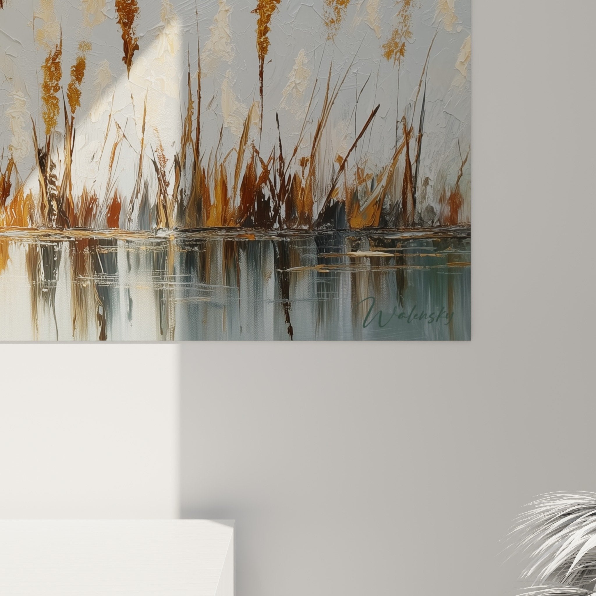 Vue ensemble tableau graminées salon contemporain ambiance naturelle tons beige ocre