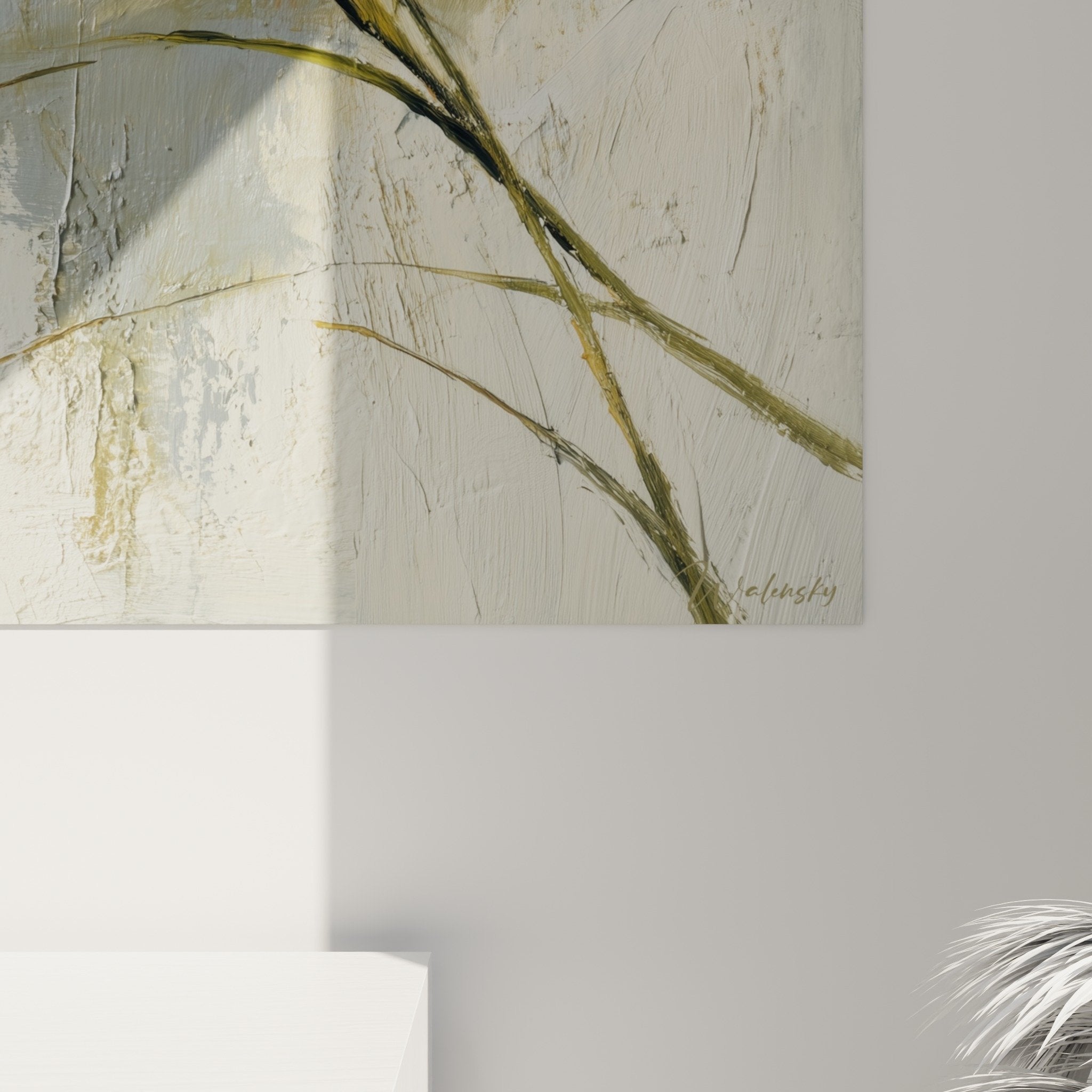 Vue ensemble tableau graminées plumes salon decoration naturelle tons poudrés beiges