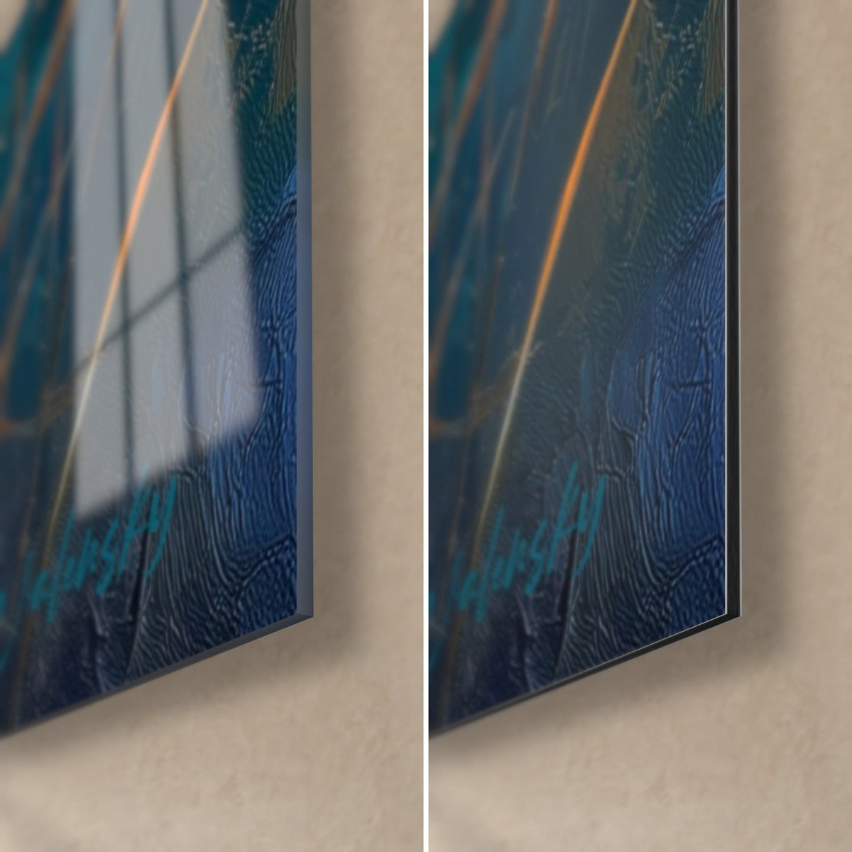 Gemälde goldene Rispen mit der Spachtel gemalt, untere rechte Ecke: glänzendes Acrylglas mit Spiegelung des Fensters links, mattes blaues Dibond rechts