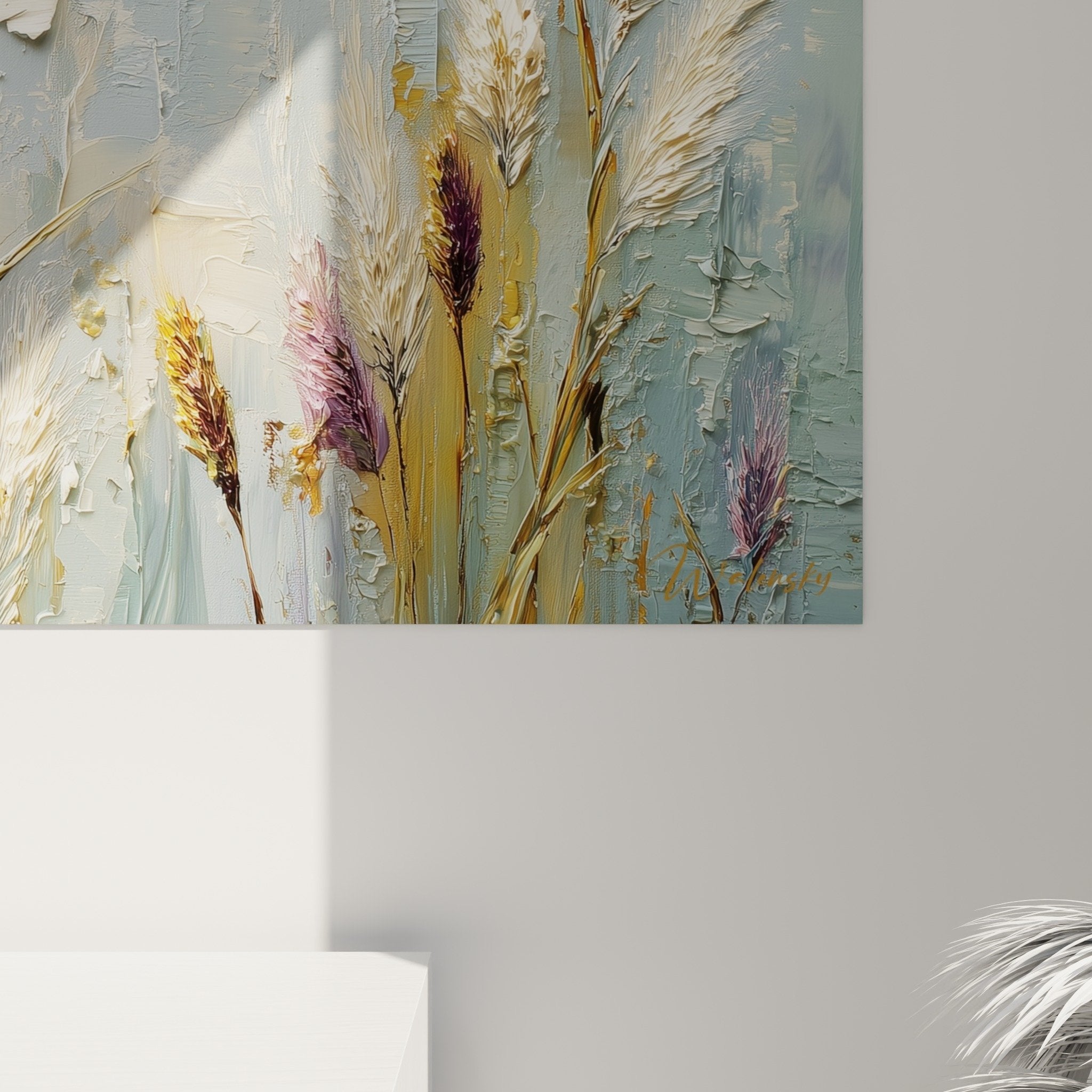 Vue ensemble tableau graminées épis dorés violets format horizontal décoration salon mur blanc nature champêtre