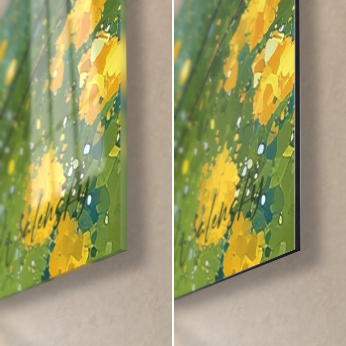 Wall art with golden flecks scattered on a deep green background, bottom right corner in glossy acrylic glass and matte black Dibond aluminium