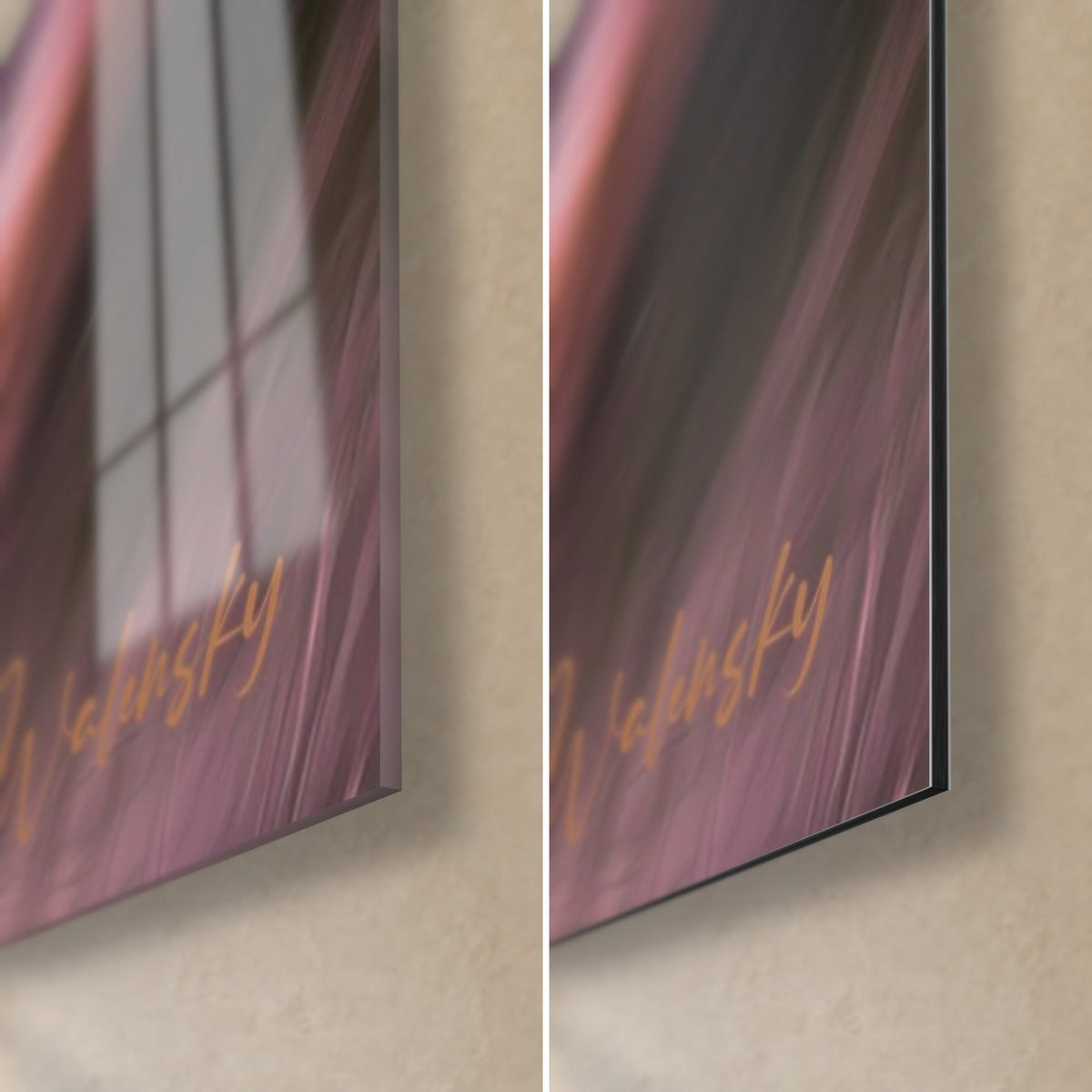 Wall art of a plant dance of pink and gold ears, bottom right corner: glossy acrylic glass on the left, matte Dibond aluminum on the right
