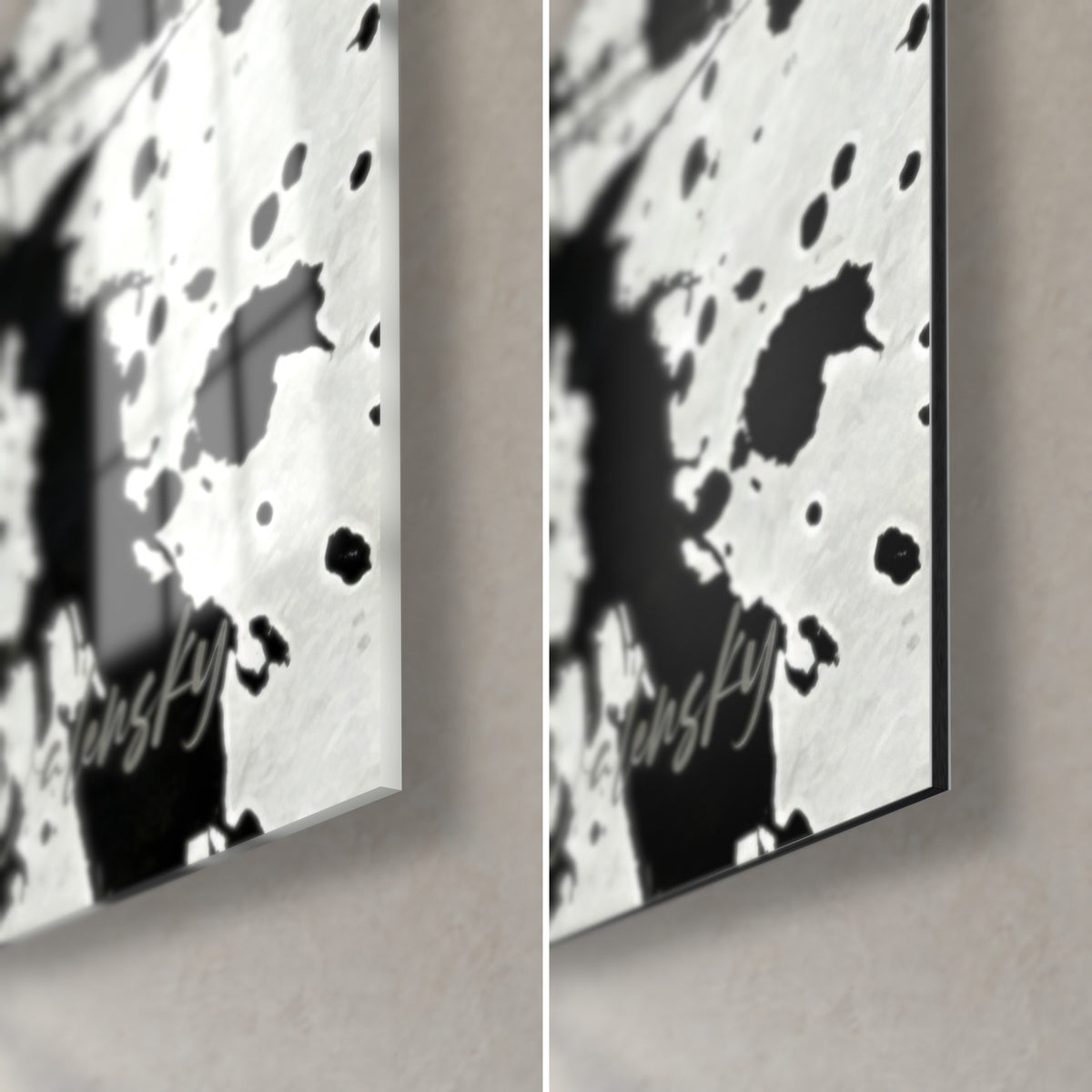 Wall art small hamster in black ink and ash grey, lower right corner, glossy glass on the left, matte Dibond on the right, 3 mm edge
