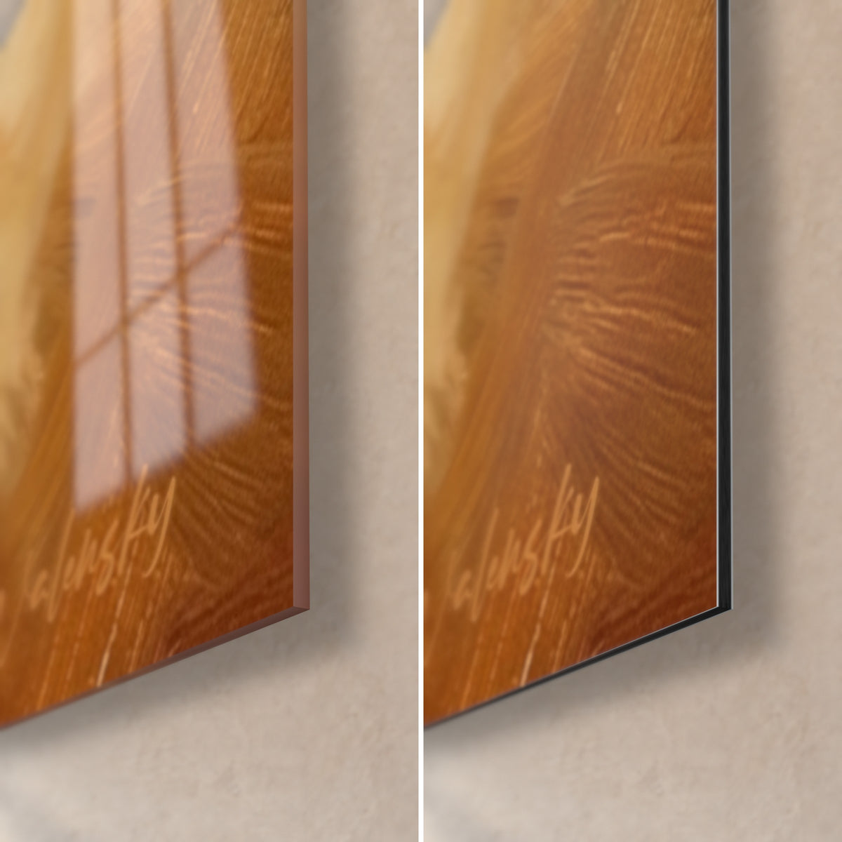 Tableau petit hamster croquant sa graine, tranche de 3 mm, verre brillant orangé à gauche, Dibond mat ambré à droite, signature visible