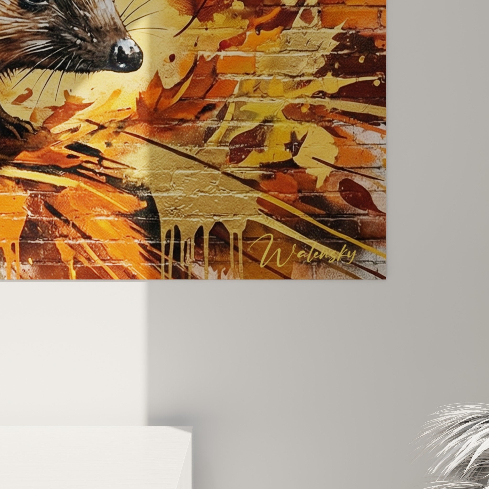 Gesamtansicht Wandbild Igel Herbst leuchtend orange Blätter moderne Dekoration