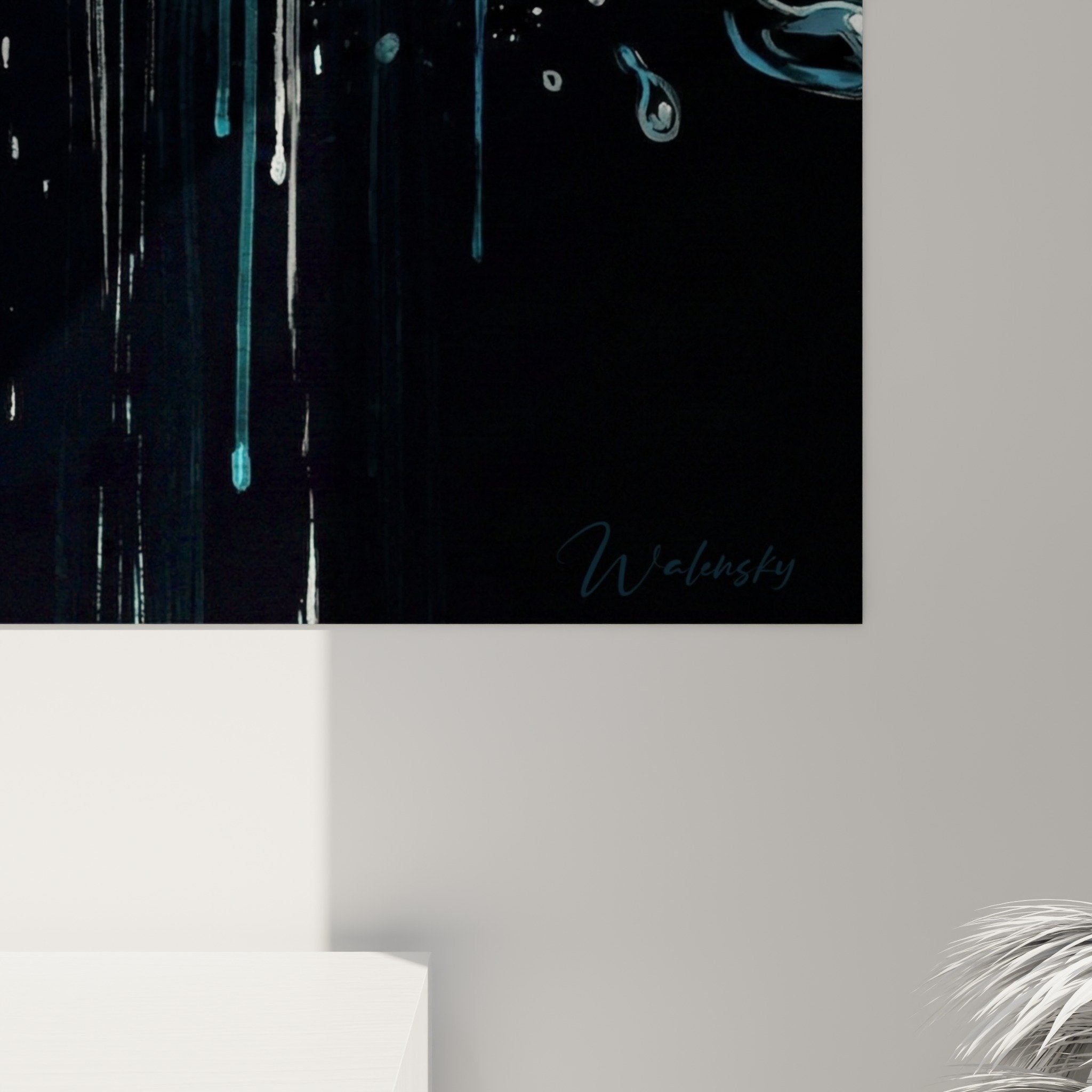 Vue ensemble tableau hippocampe bleu explosif décoration murale art contemporain design