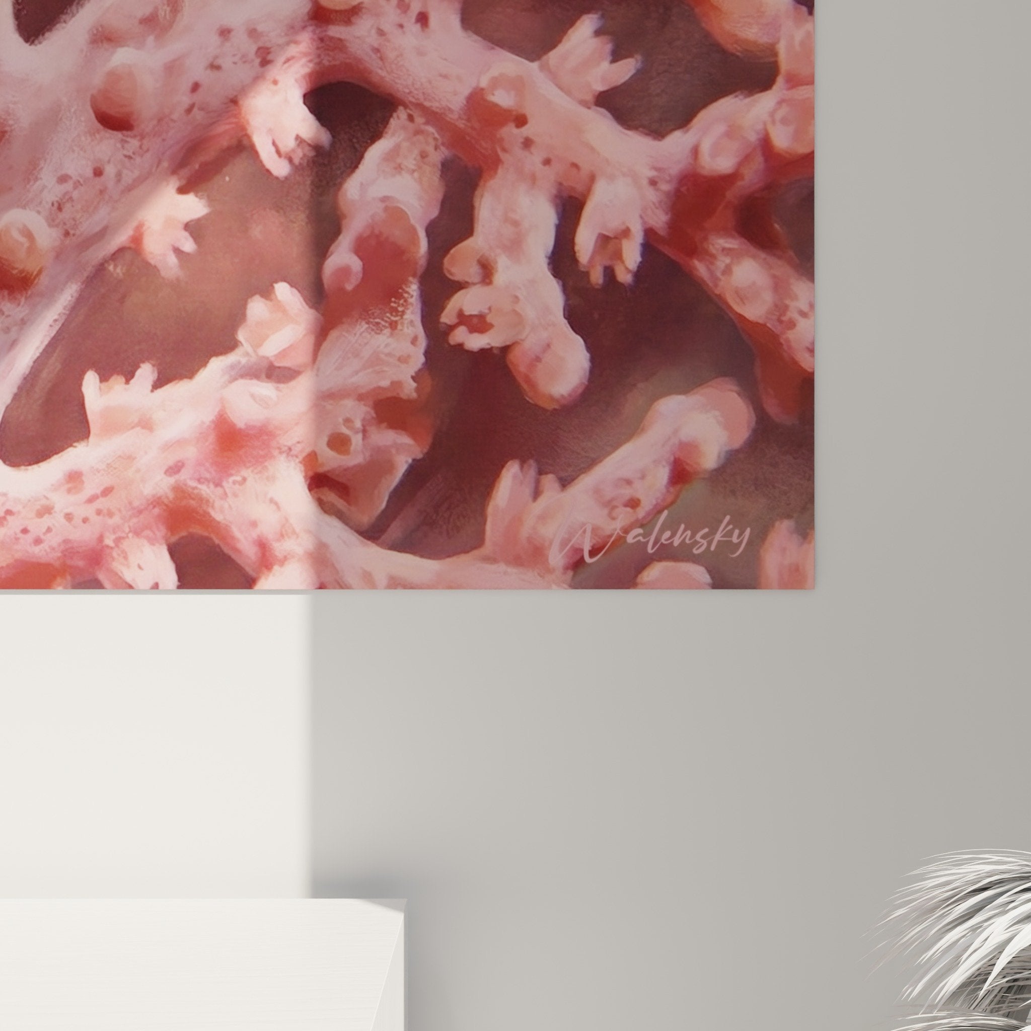 Vue ensemble tableau hippocampe corail, palette rose saumon harmonieuse, scène sous-marine délicate et naturelle
