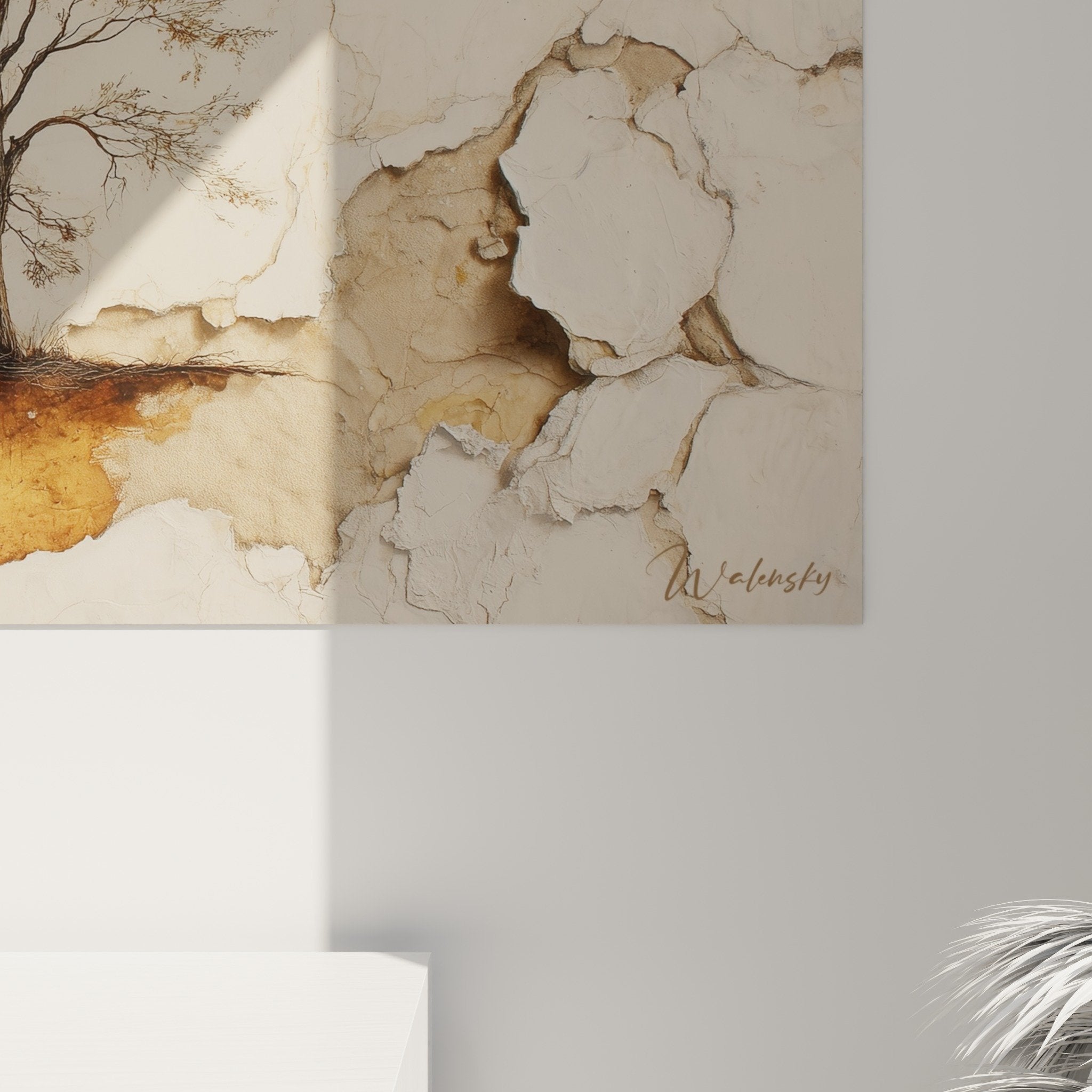 Full view horizontal painting bare trees beige background zen wall decor