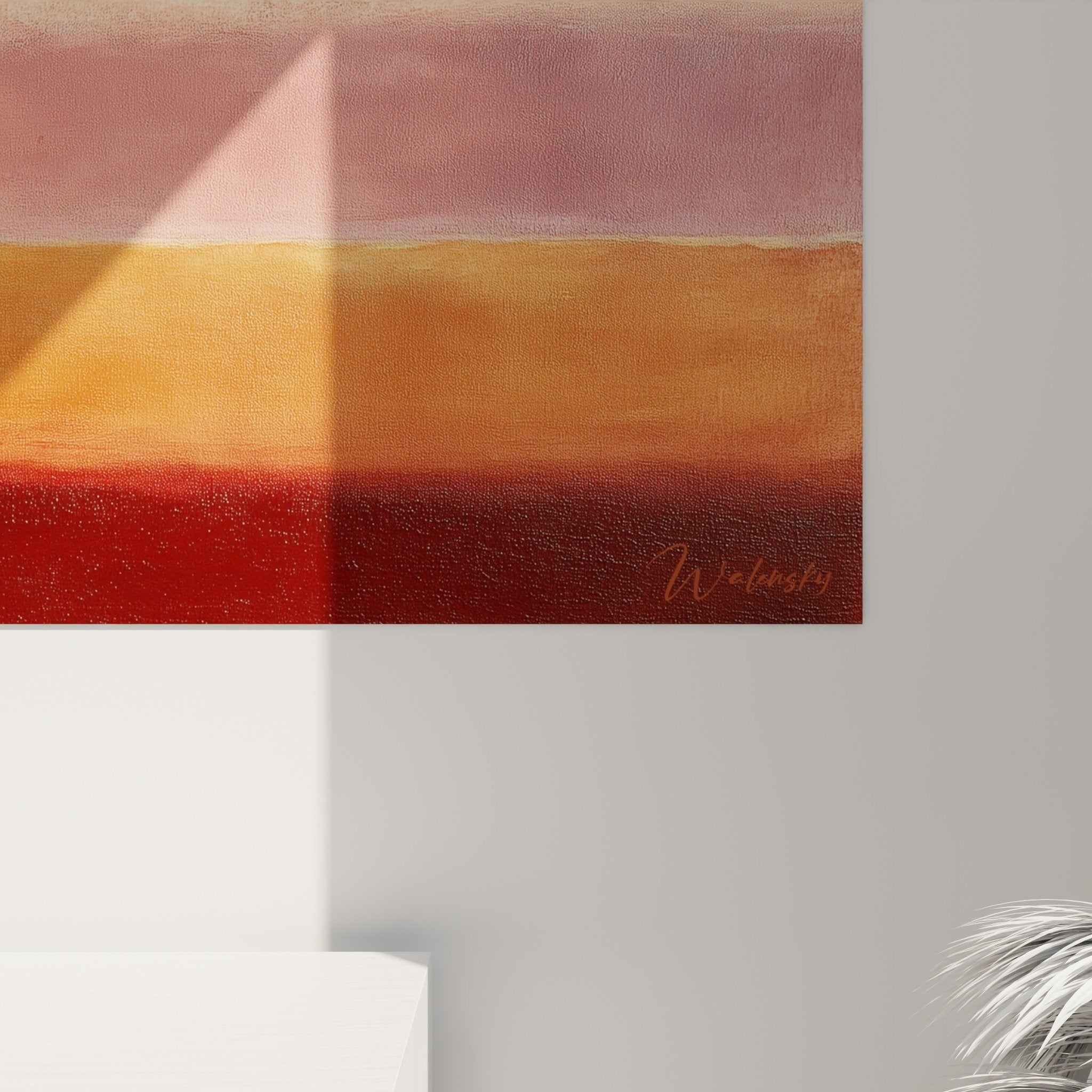 Full view horizontal artwork colorful stripes orange red burgundy beige wall decor feng shui southwest earth