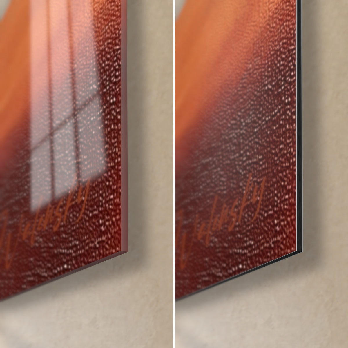 Cuadro de franjas naranjas y rojo burdeos, esquina inferior derecha: cristal brillante con reflejos de ventana, Dibond mate y canto de 3 mm