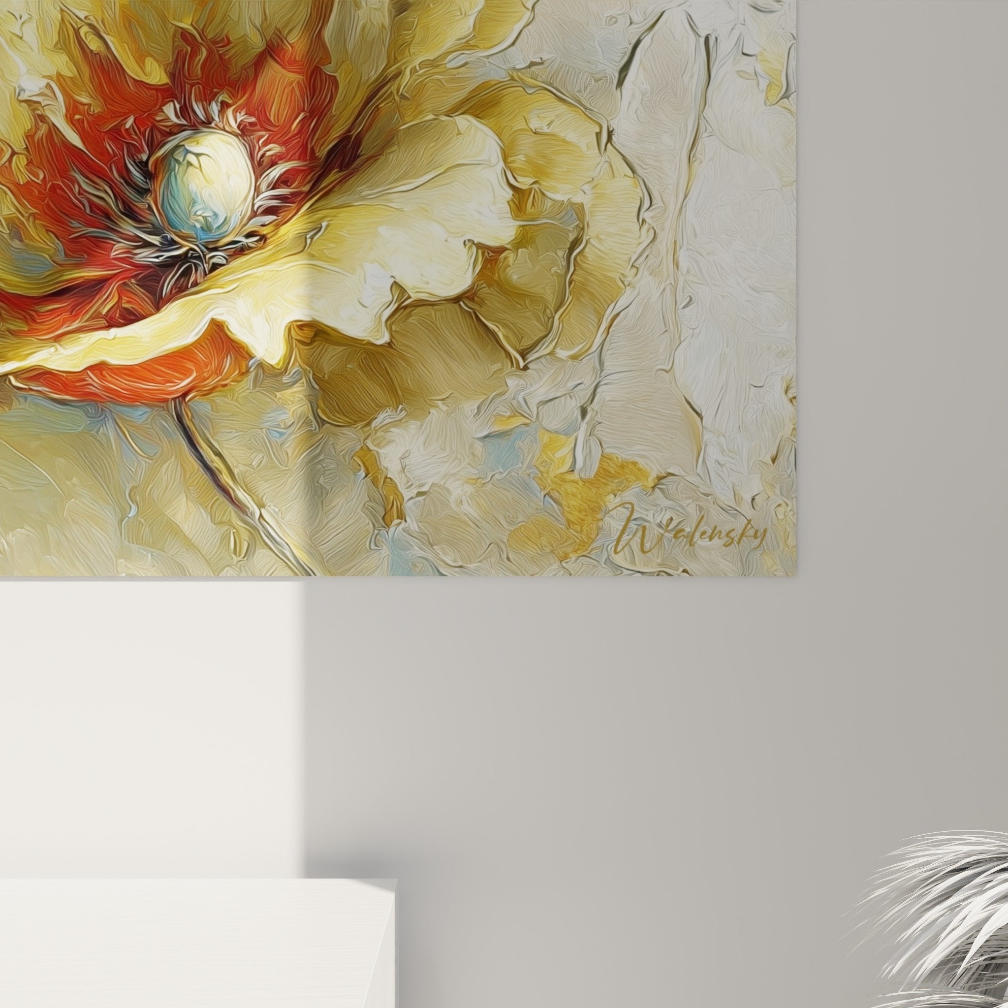 Tableau panoramique horizontal coquelicot oeil bleu composition artistique contemporaine decoration murale elegante