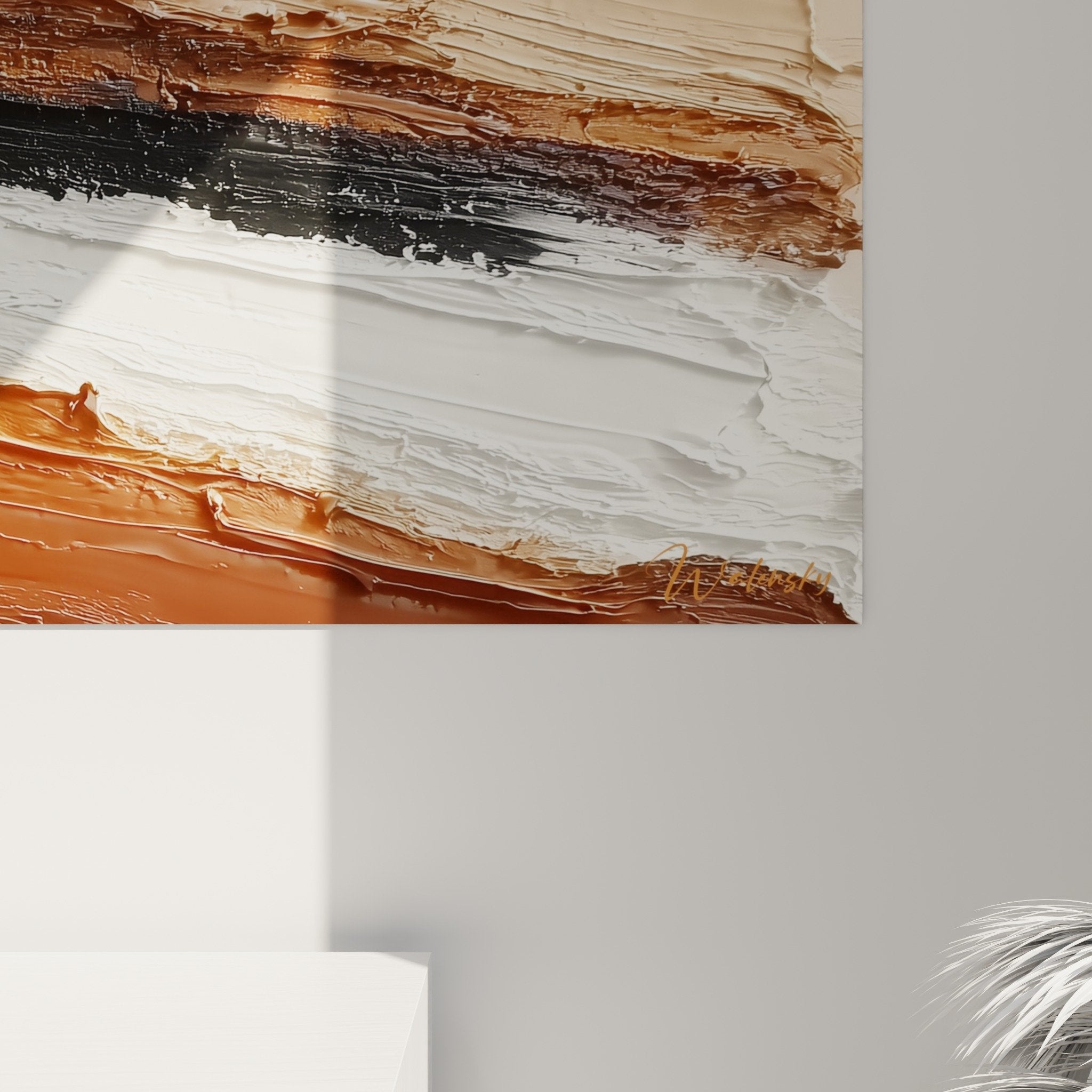 Abstract horizontal layered artwork earth white black interior wall art view
