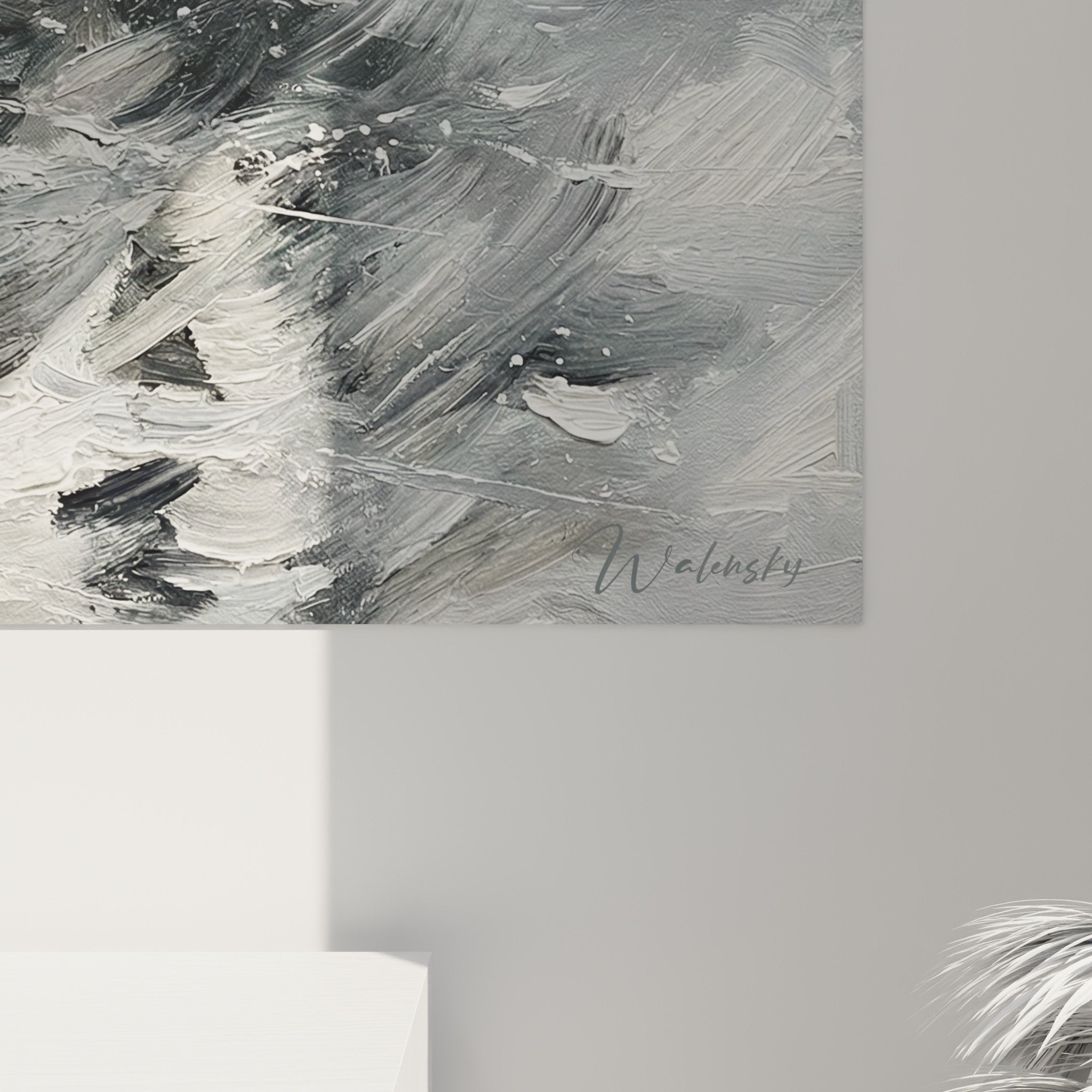 Vue ensemble tableau husky dans tempête décoration murale style arctique tons gris blanc