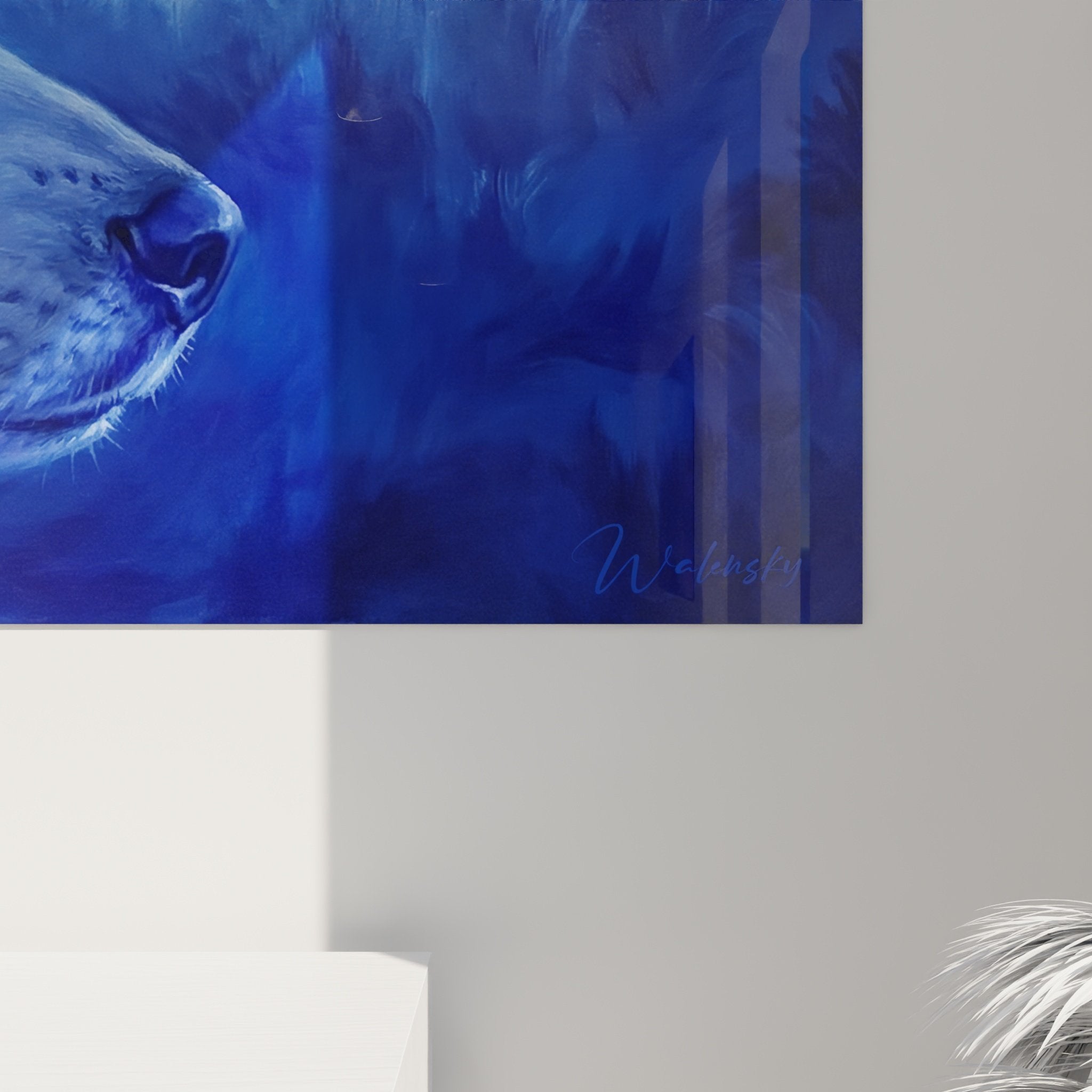 Vue ensemble tableau husky bleu mural decoration interieur contemporain nordique