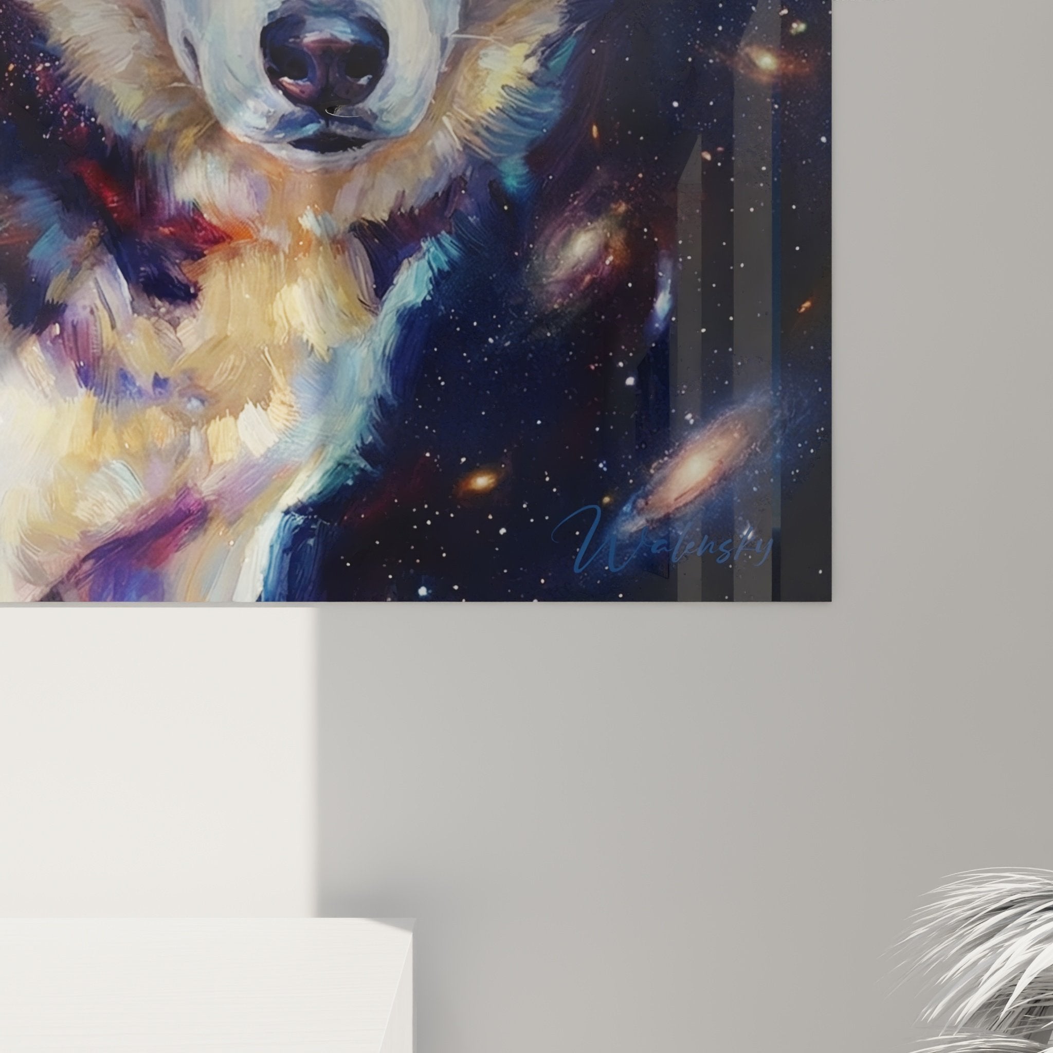 Vue ensemble tableau husky cosmique decoration murale art animalier moderne bleu dore