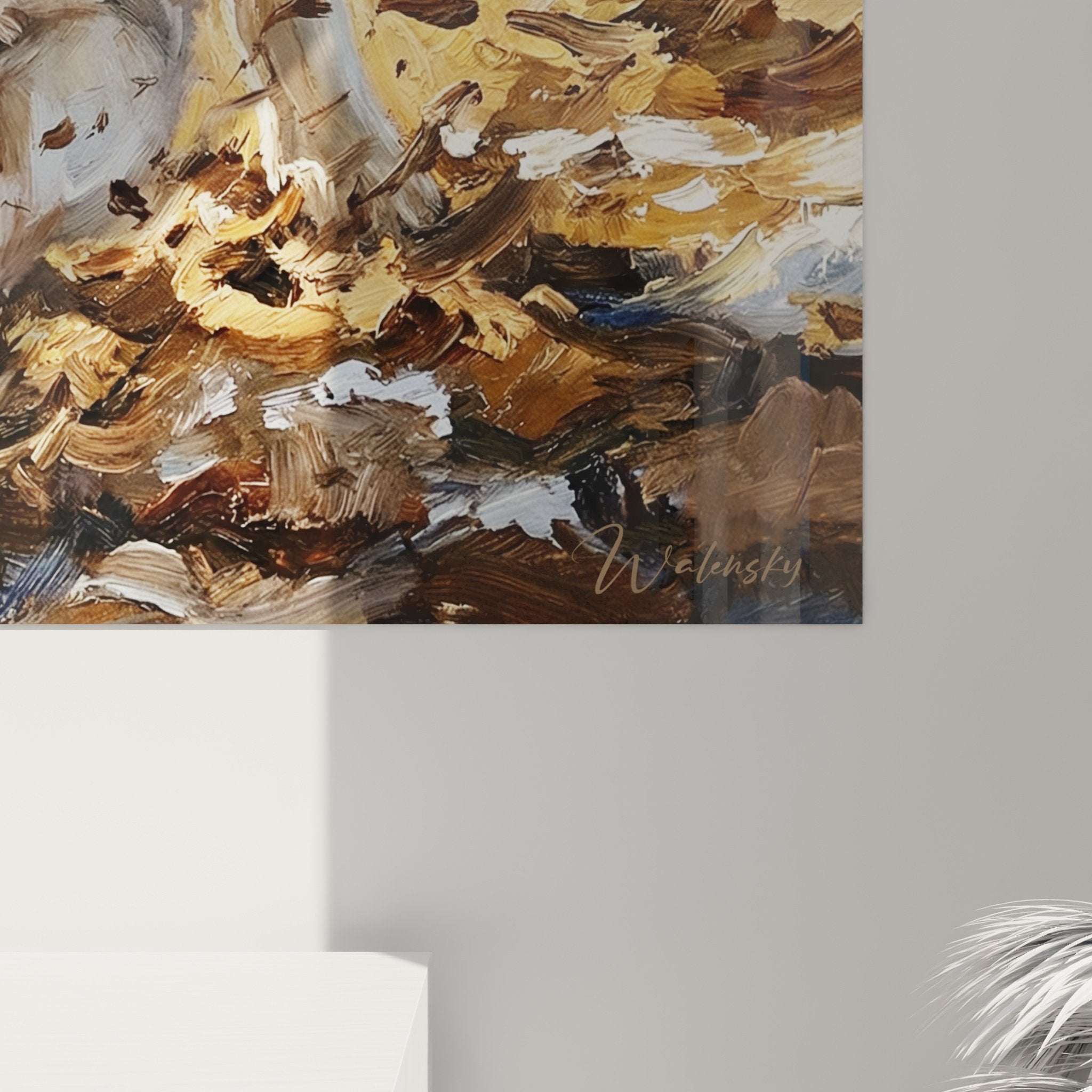 Vue ensemble tableau mural Husky dans feuilles automnales décoration intérieur chaleureux