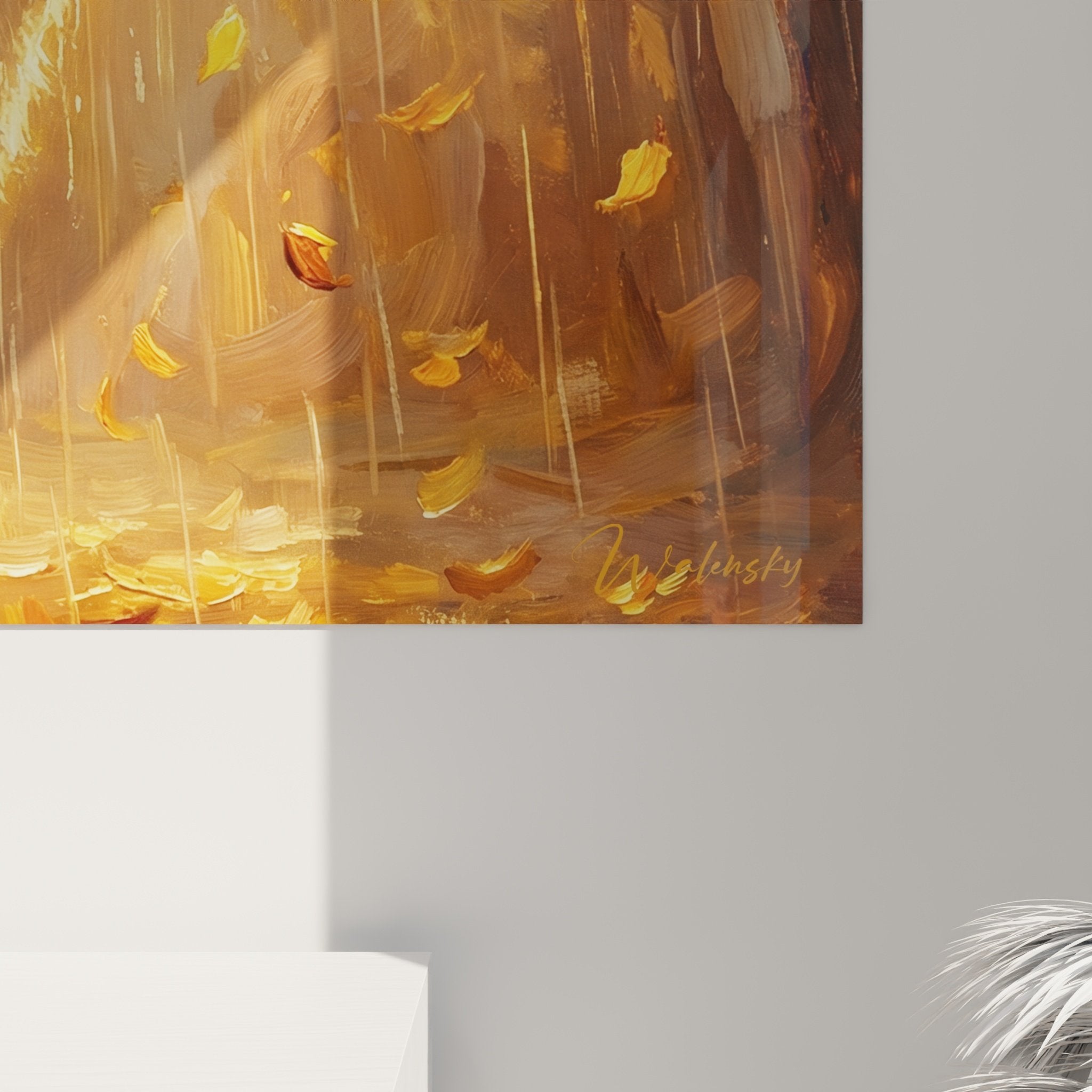 Vue d'ensemble tableau husky automnal tons cuivrés dans intérieur chaleureux avec éclairage tamisé