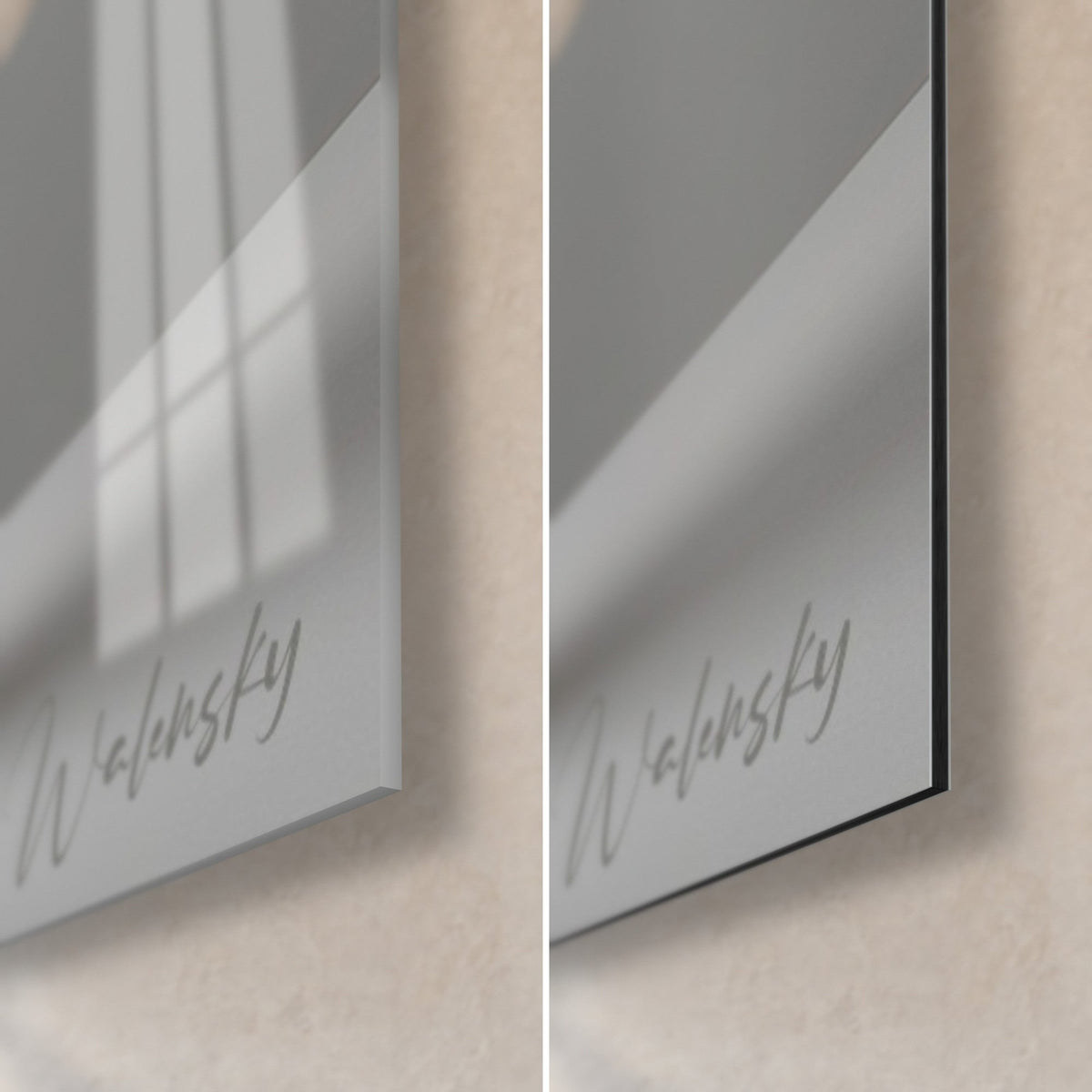 Cuadro ramo exótico, esquina inferior derecha: vidrio acrílico brillante con reflejos, aluminio Dibond negro mate, canto de 3 mm, fondo gris perla