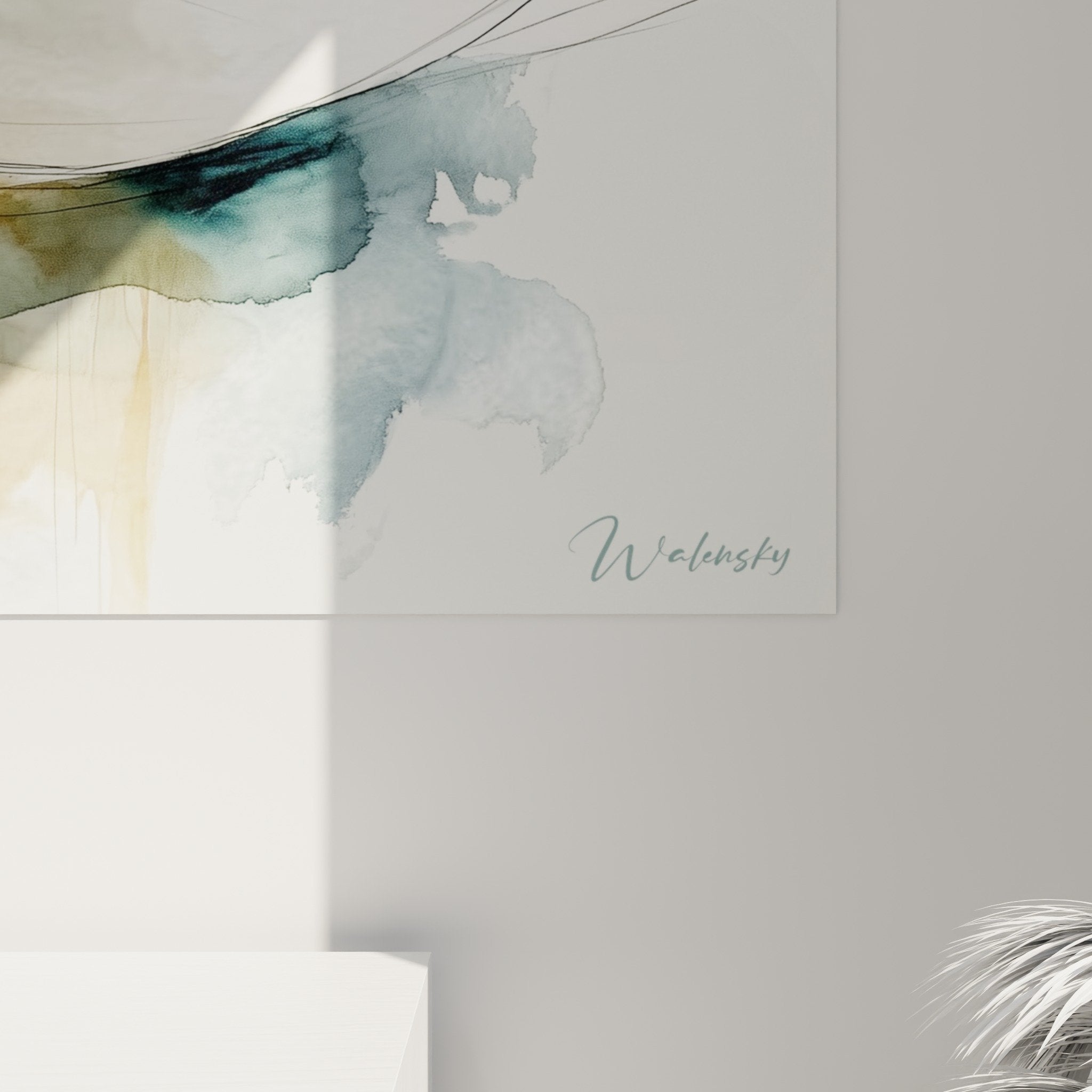 Overall view of ikebana vase wall art with beige reflections balanced composition white negative space