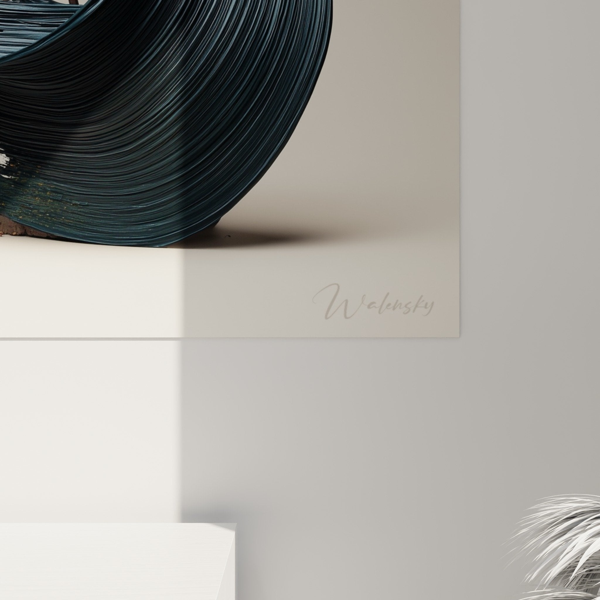 Overall view ikebana painting organic black vase cherry blossom coral flowers zen minimalist Japanese wall decoration