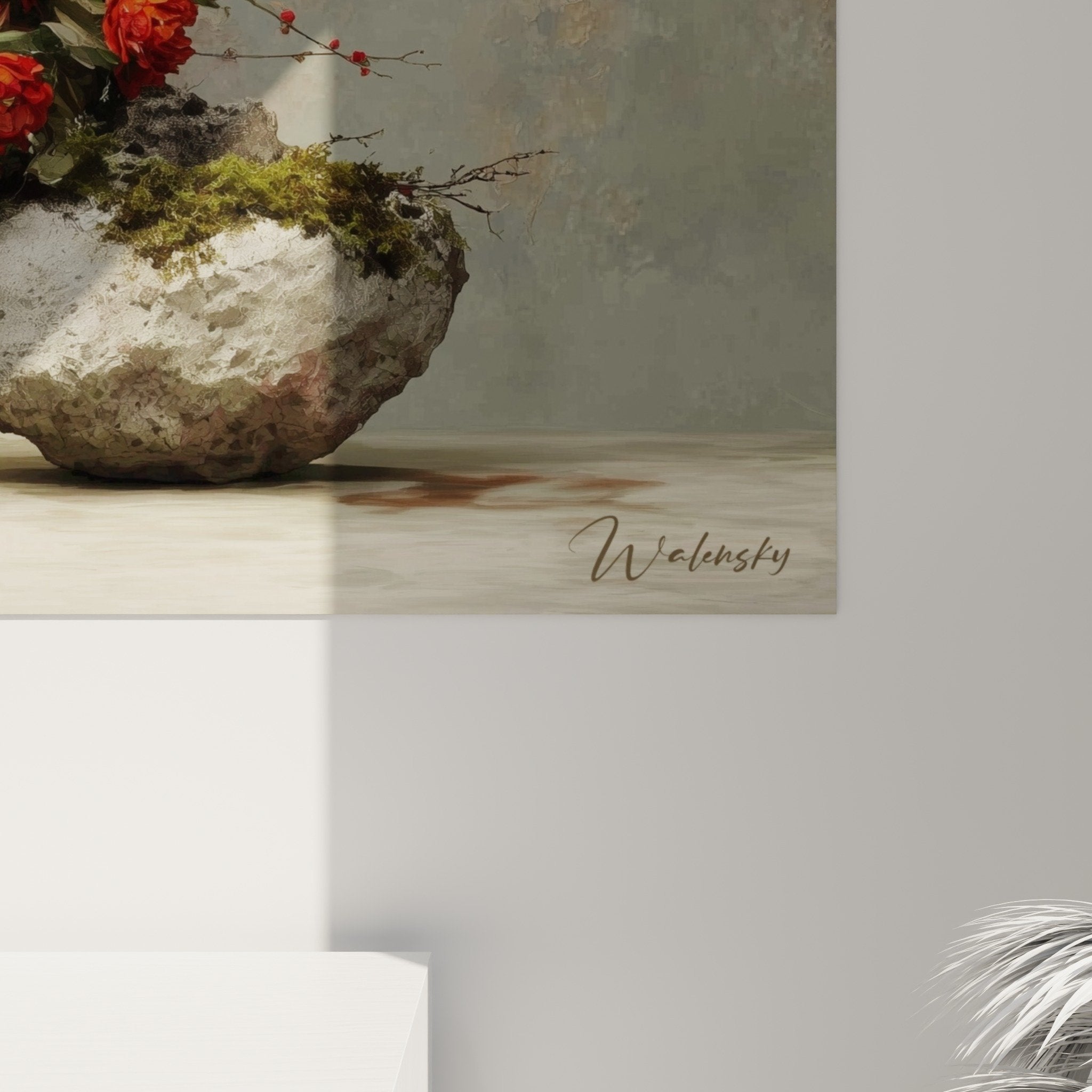 Vue ensemble tableau ikebana decoration interieur art floral japonais cerisier pivoines