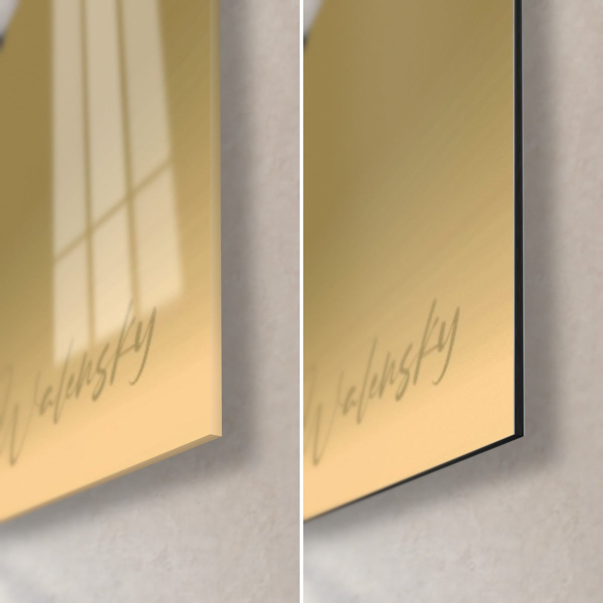 Wall art peach flower and navy blue brushstroke with splashes, bottom right corner: glossy acrylic glass on the left, matte Dibond on the right